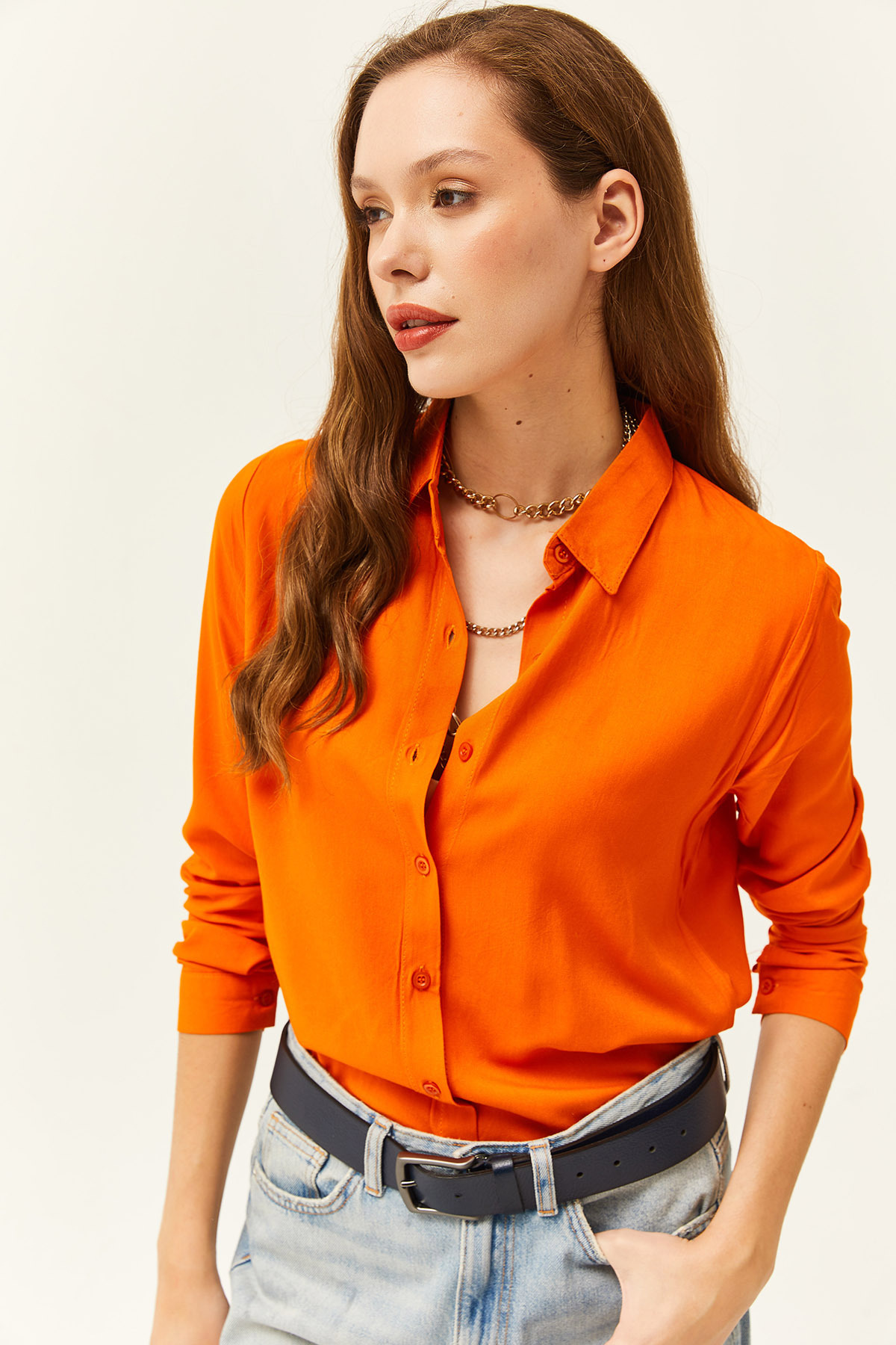 Olalook Women's Orange Woven Viscose Regular Fit Shirt