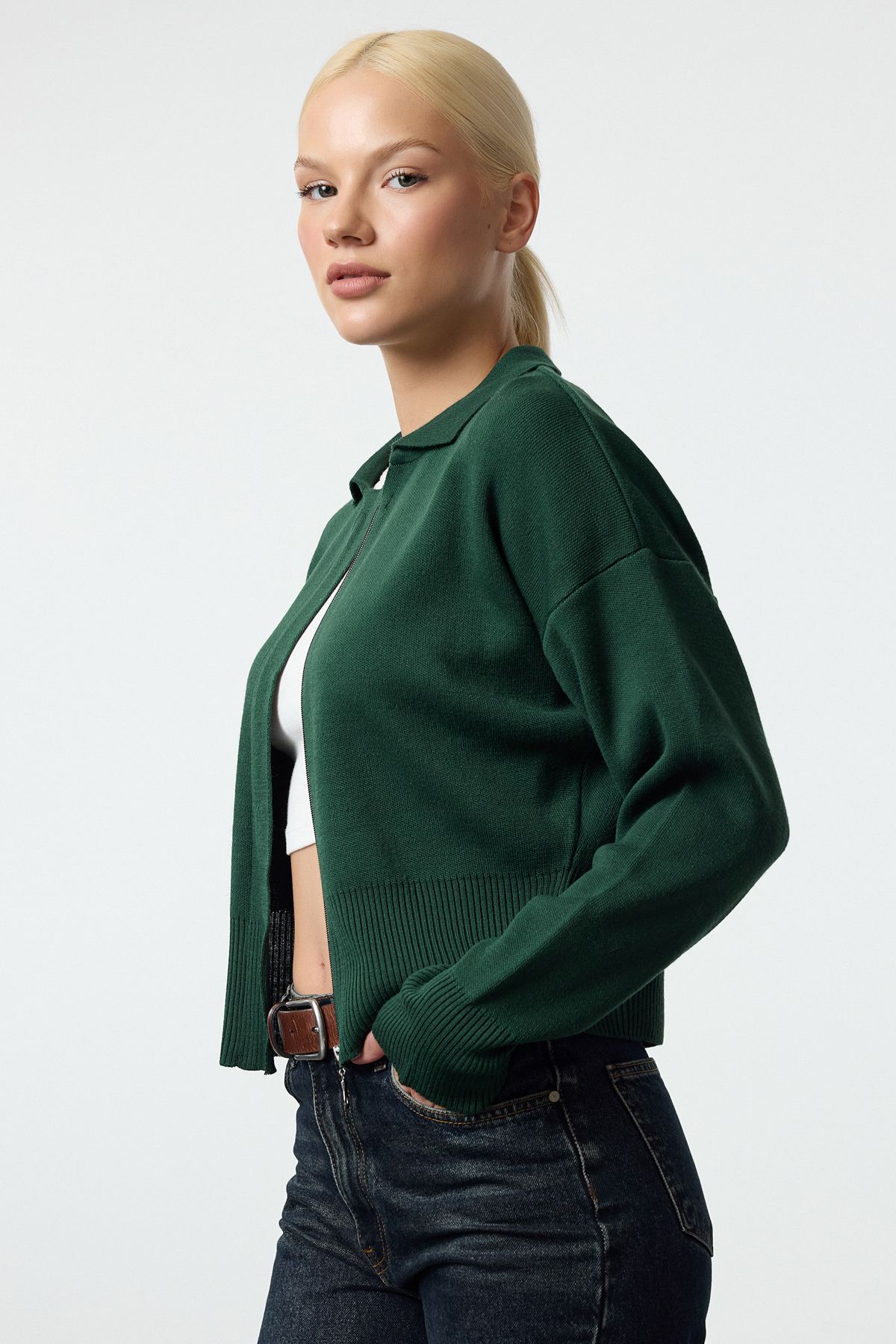 Trendyol Emerald Green Polo Collar Zipper Detailed Knitwear Cardigan