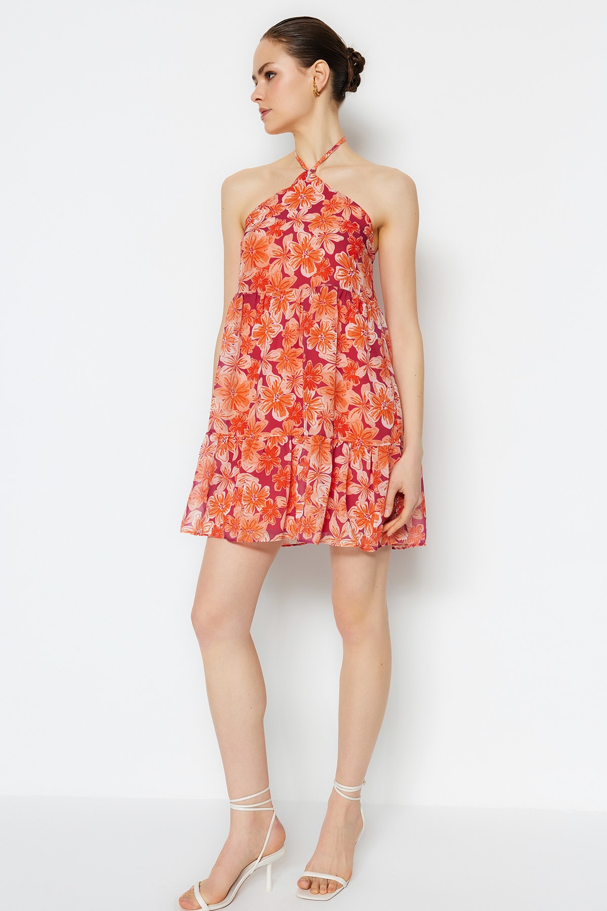 Trendyol Orange Straight-Cut Mini Mini Woven Lined, Ruffled Floral Dress
