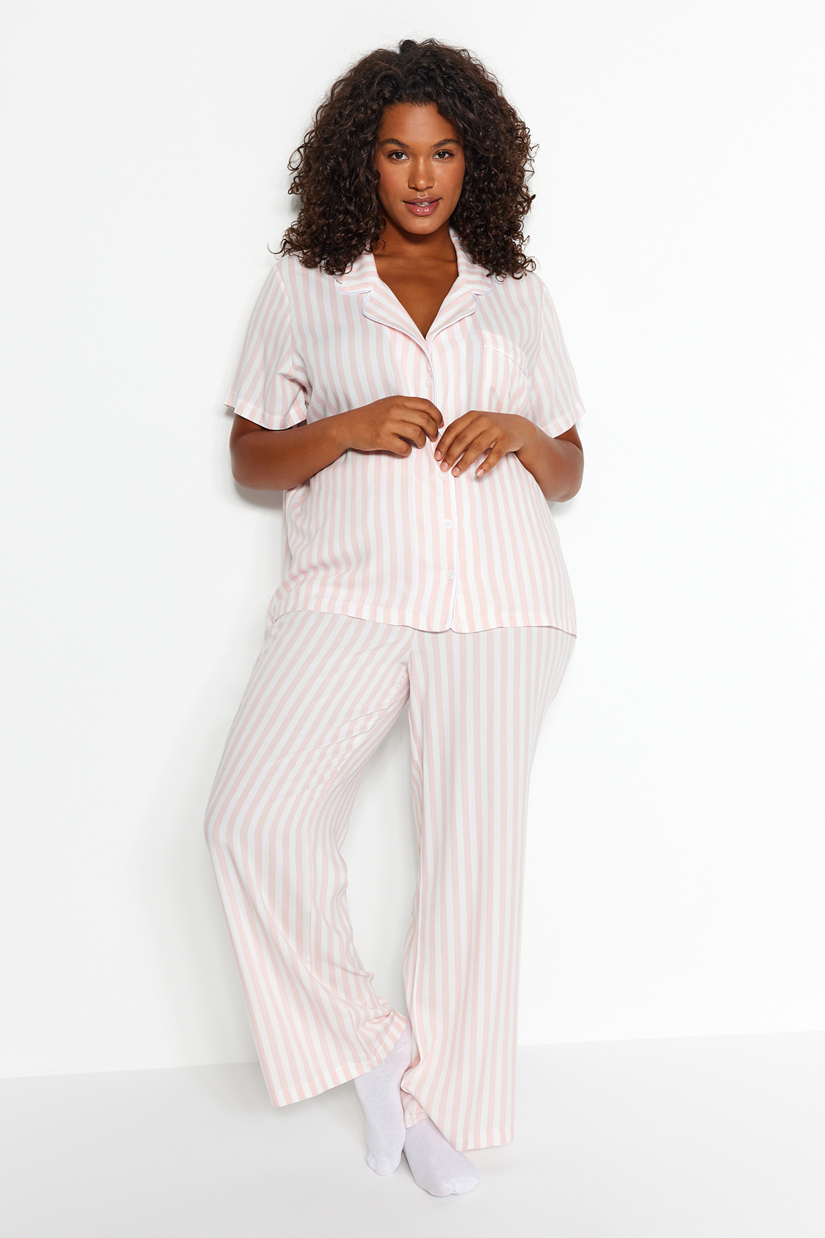 Trendyol Curve Pink Striped Shirt Collar Woven Pajamas Set