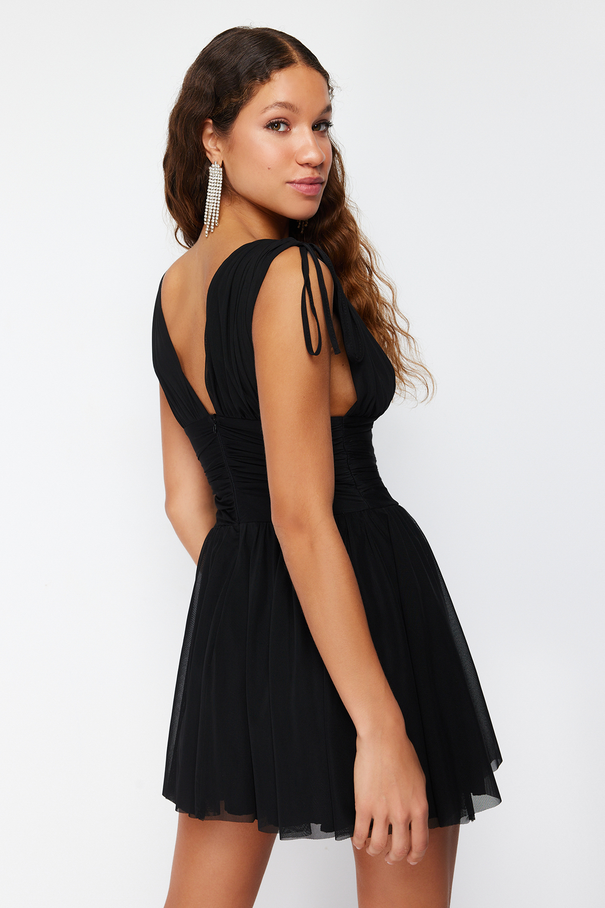Trendyol Black A-Cut Knitted Tulle Short Evening Dress