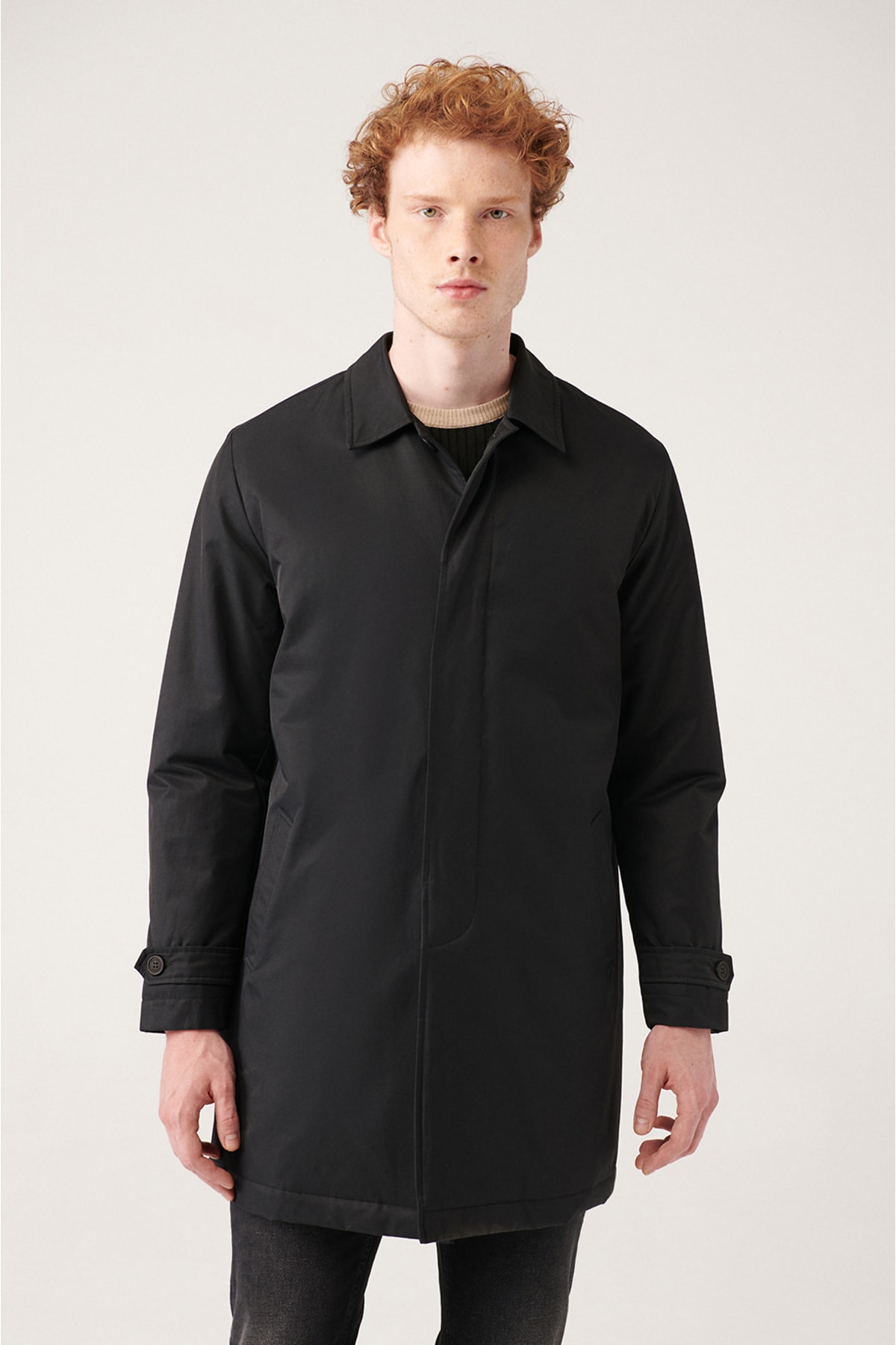 Levně Avva Black Inner Classic Collar Fiberglass Quilted, Hidden Buttons Water-repellent Standard Fit Trench Coat.