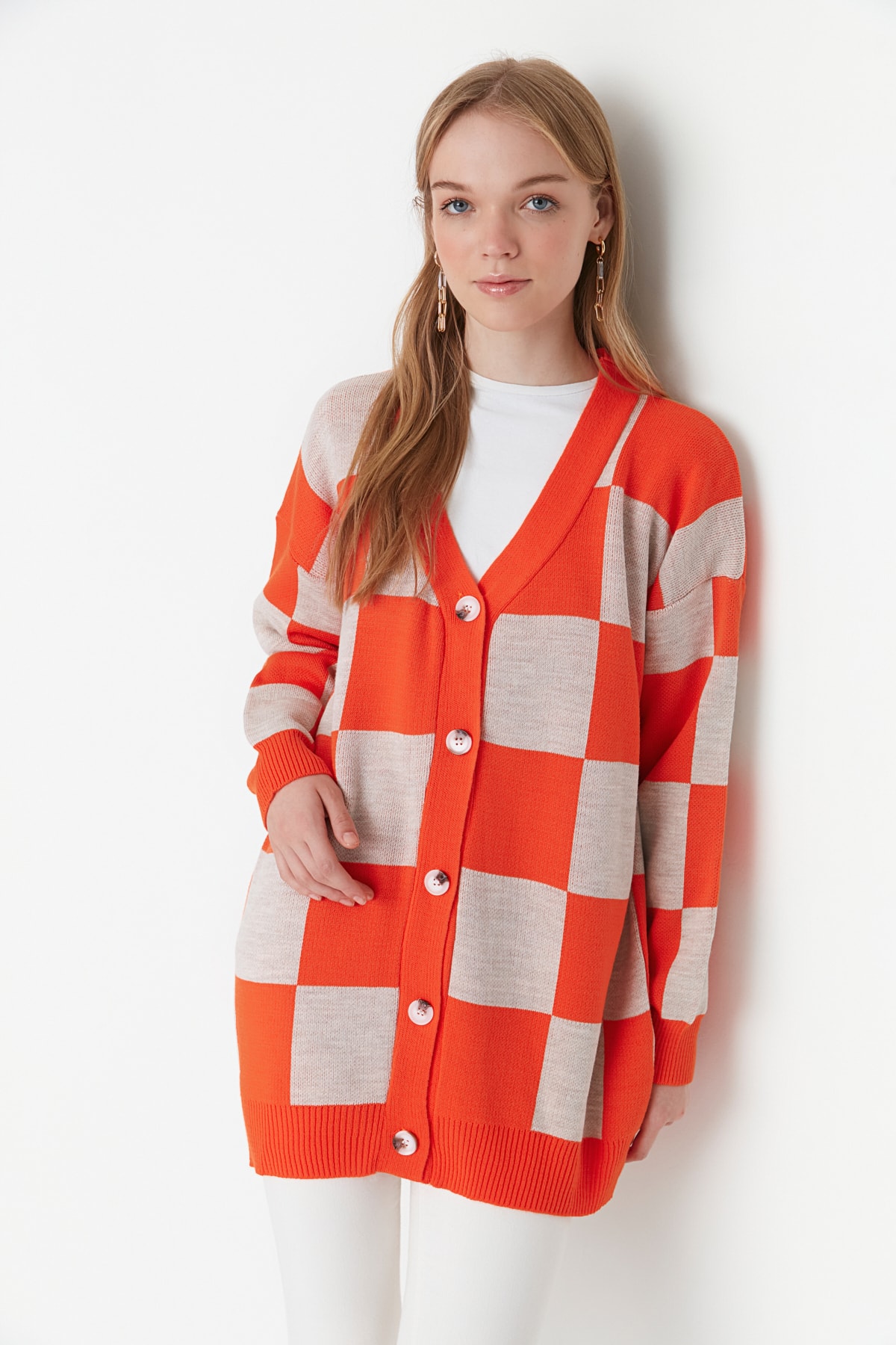 Trendyol Orange Checkerboard Pattern Knitwear Cardigan
