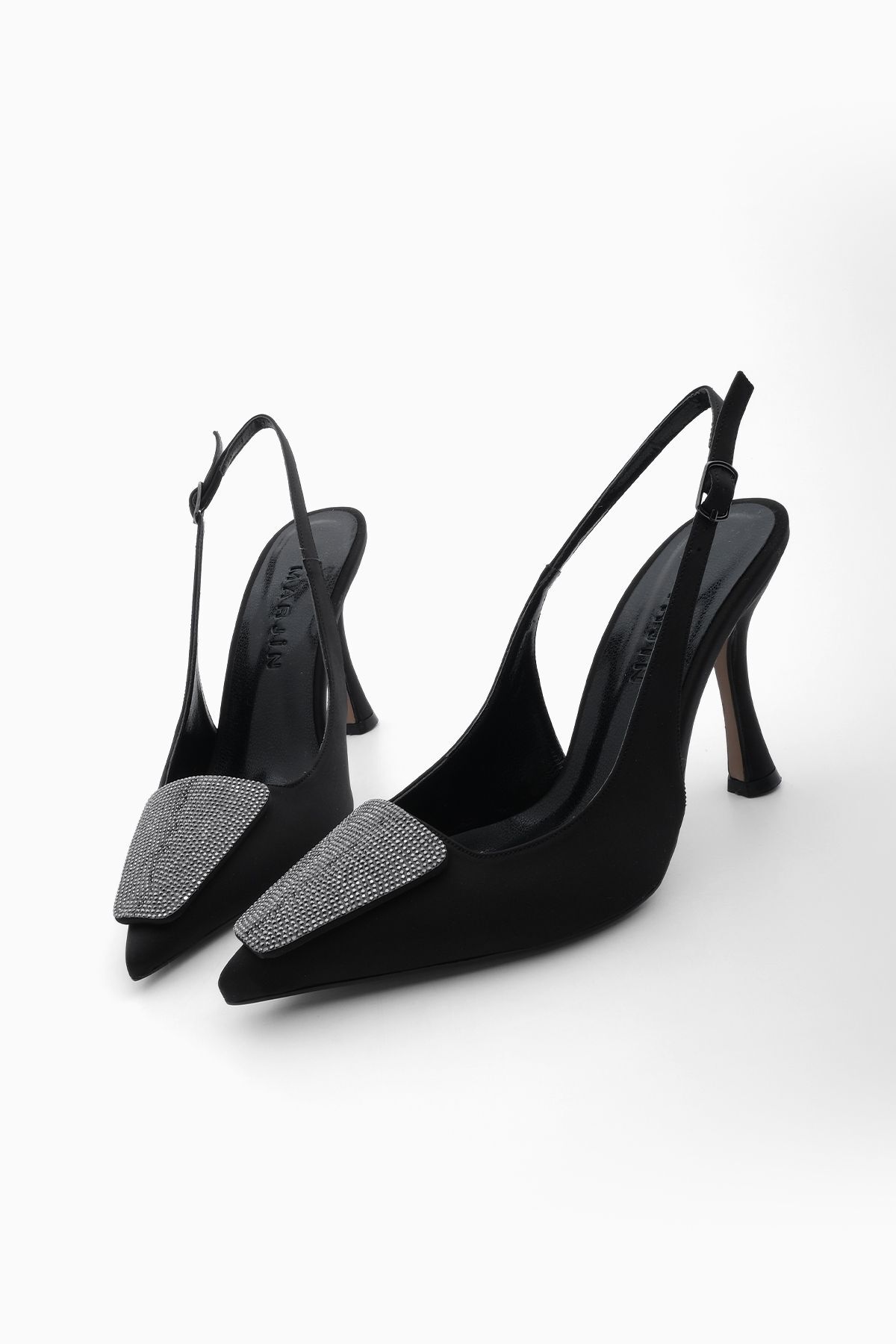 Levně Marjin Women's Pointed Toe Stone Open Back Evening Dress Classic Heeled Shoes Rayisa Black Satin