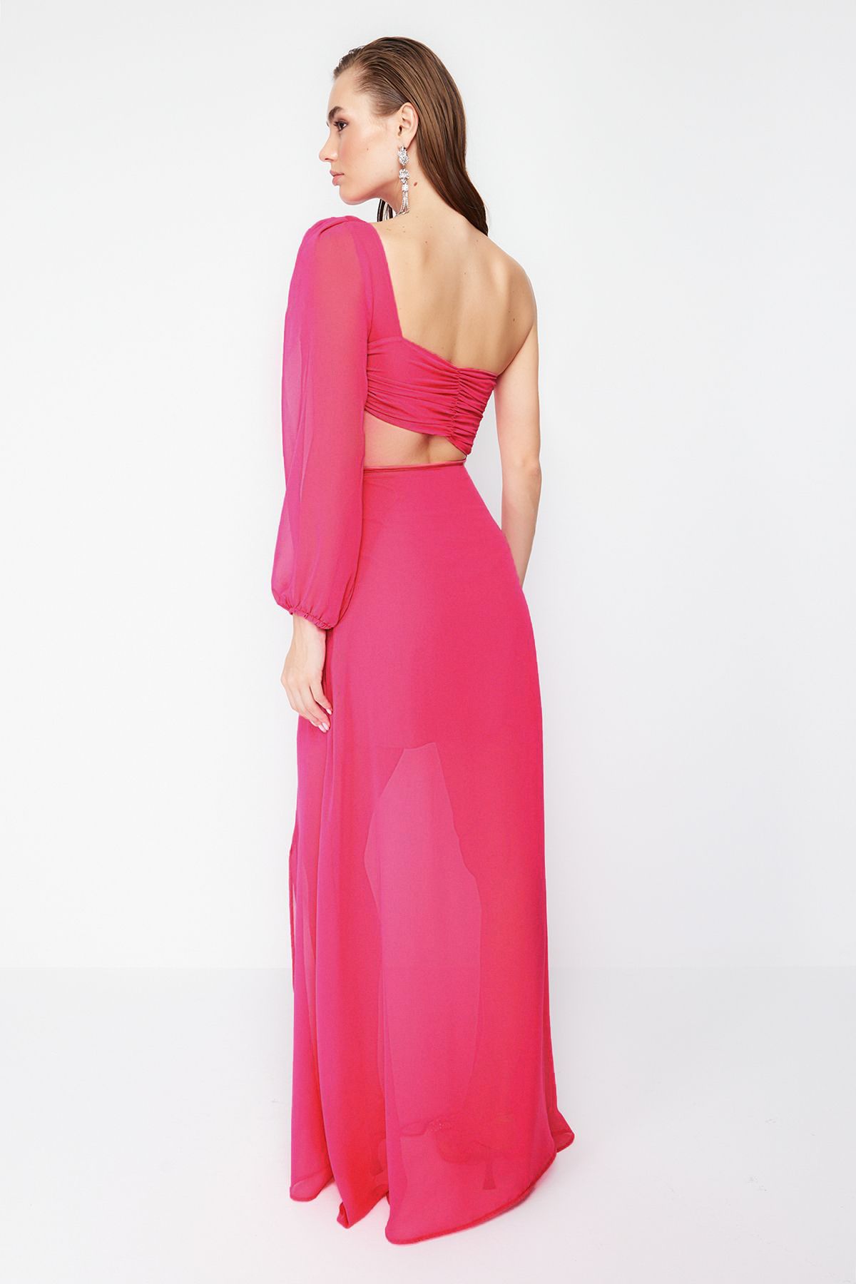 Trendyol Fuchsia A-Line Lined Window/Cut Out Detailed Chiffon Gradient Chic Evening Dress