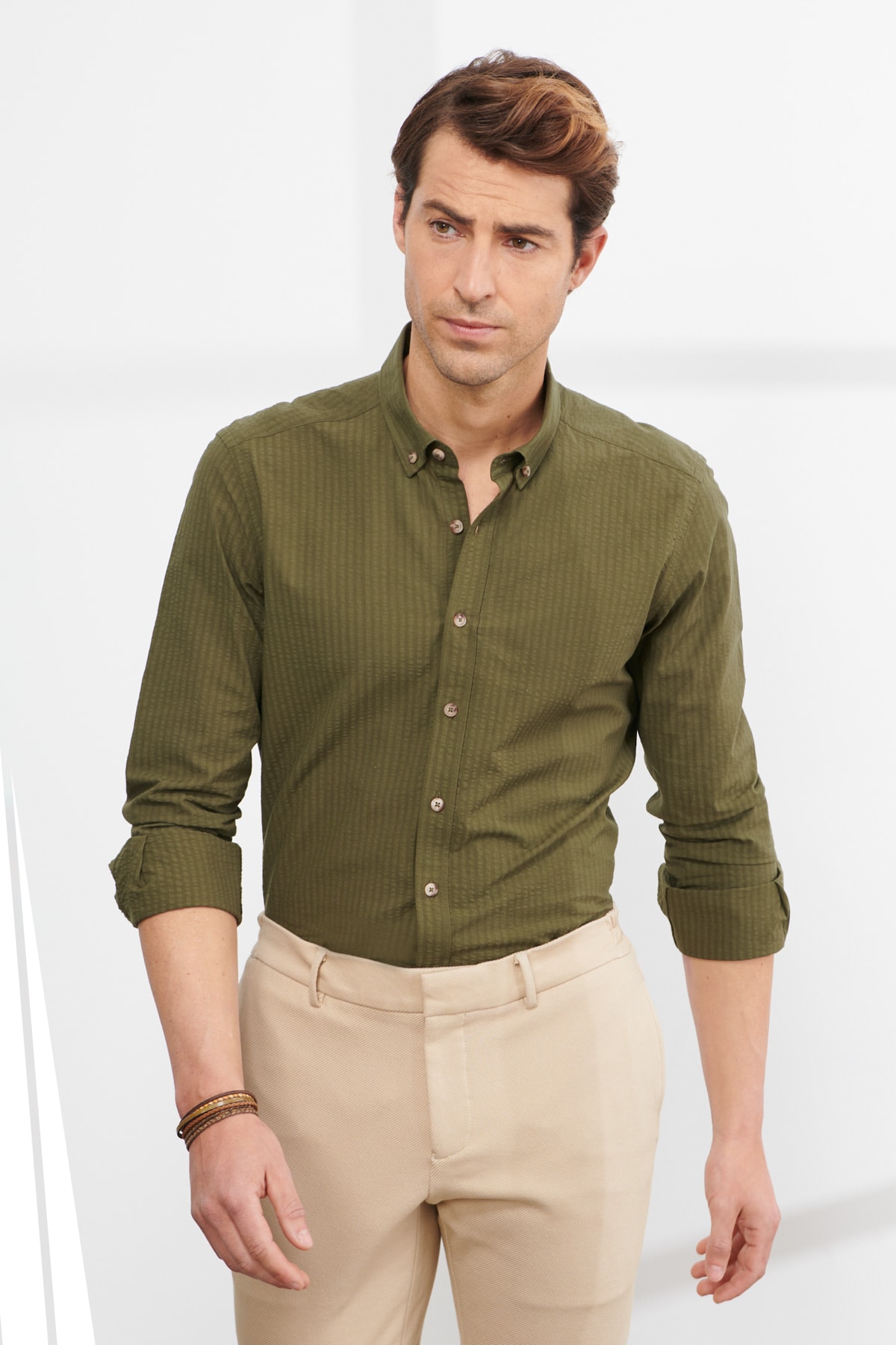 Levně ALTINYILDIZ CLASSICS Men's Khaki Slim Fit Slim Fit Buttoned Collar 100% Cotton Shirt