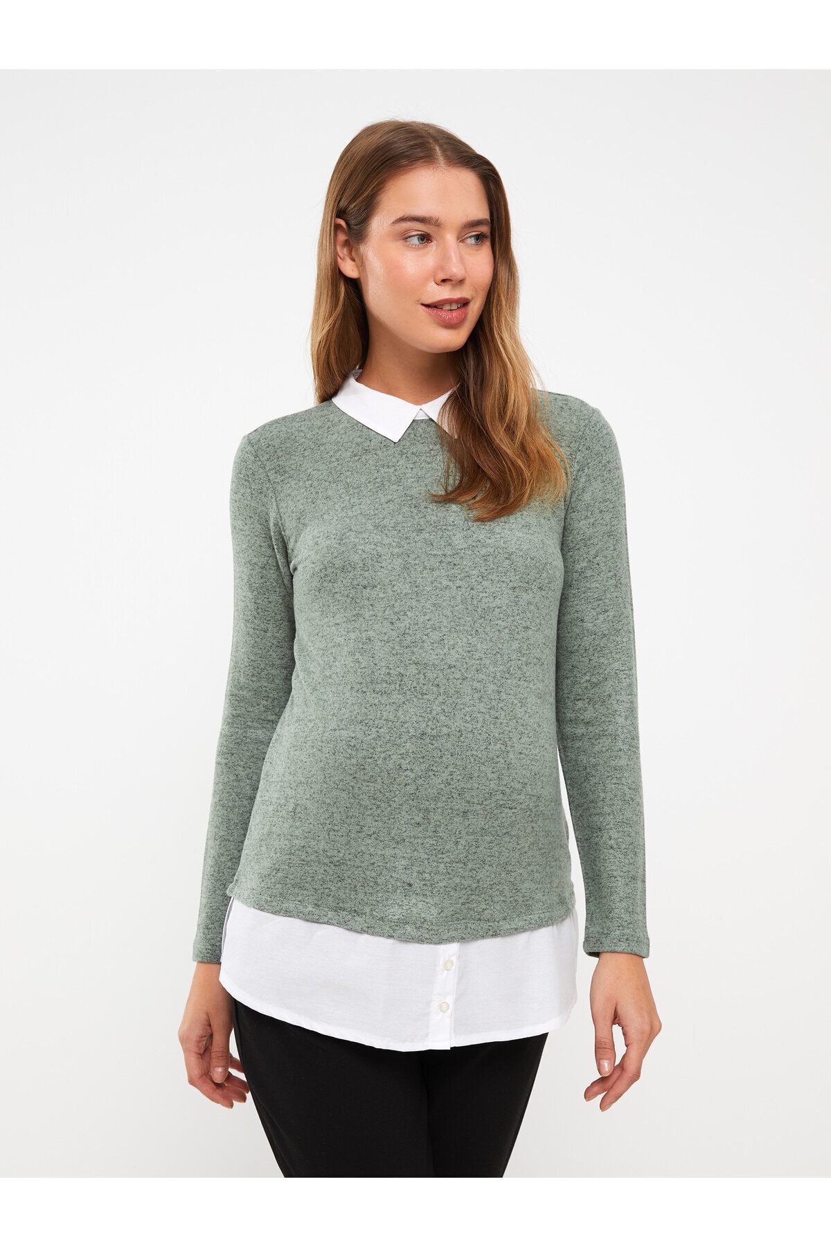 LC Waikiki Long Sleeve Shirt Collar Plain Maternity T-Shirt
