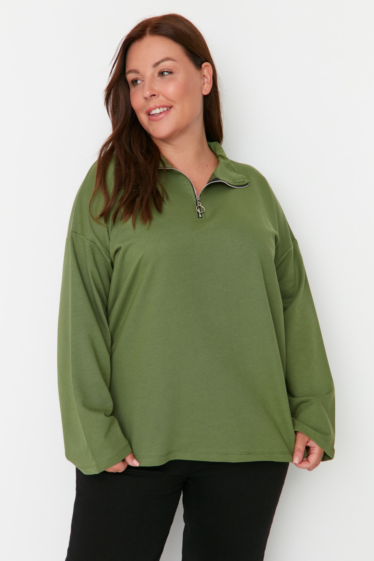 Trendyol Curve Khaki Zipper High Collar Thin Knitted Sweatshirt.