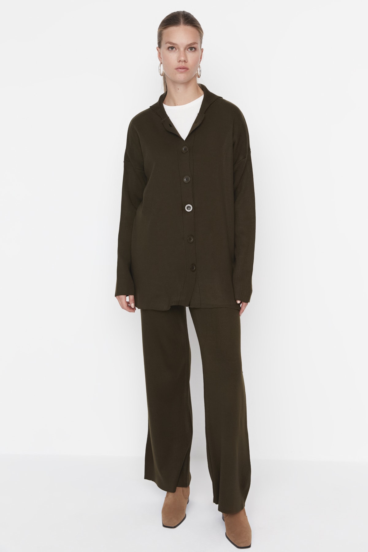 Trendyol Khaki Collar Detailed Cardigan-Pants Knitwear Set