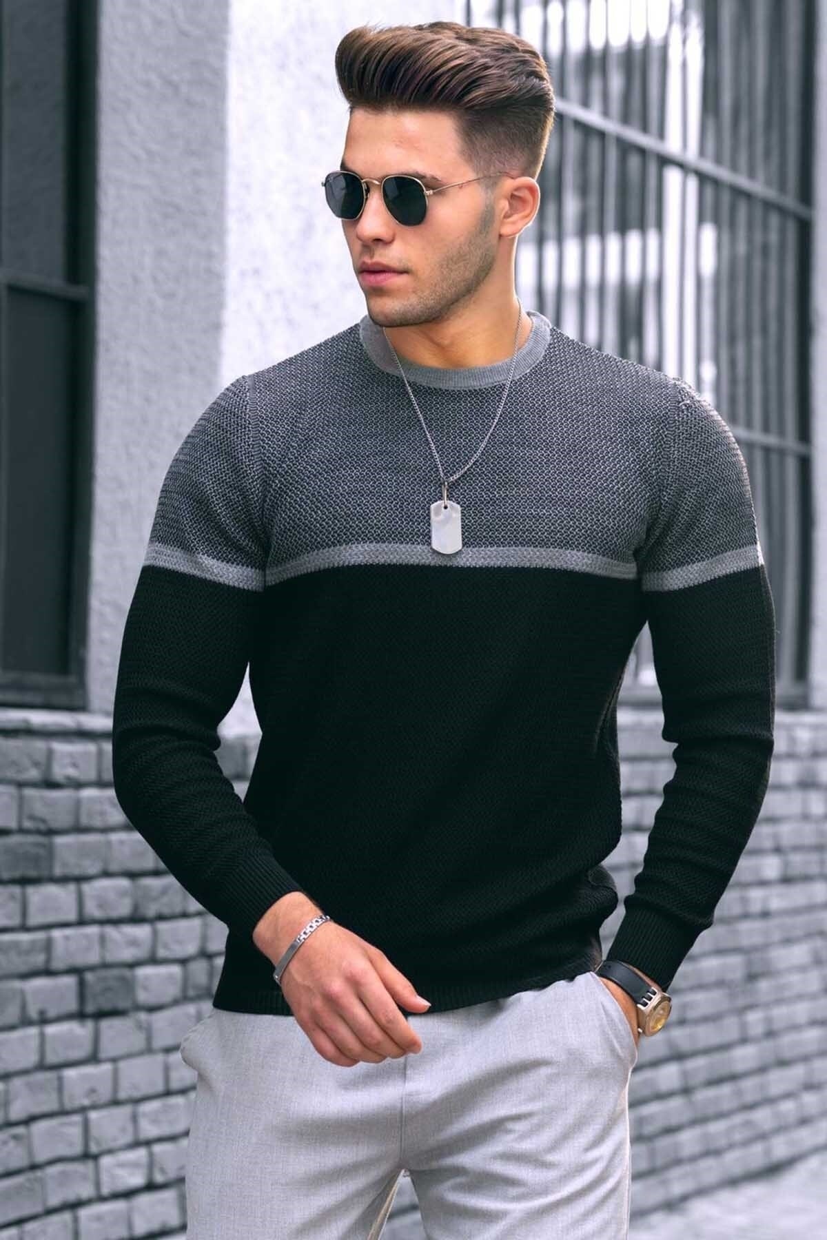 Levně Madmext Black Color Block Men's Sweater 4734
