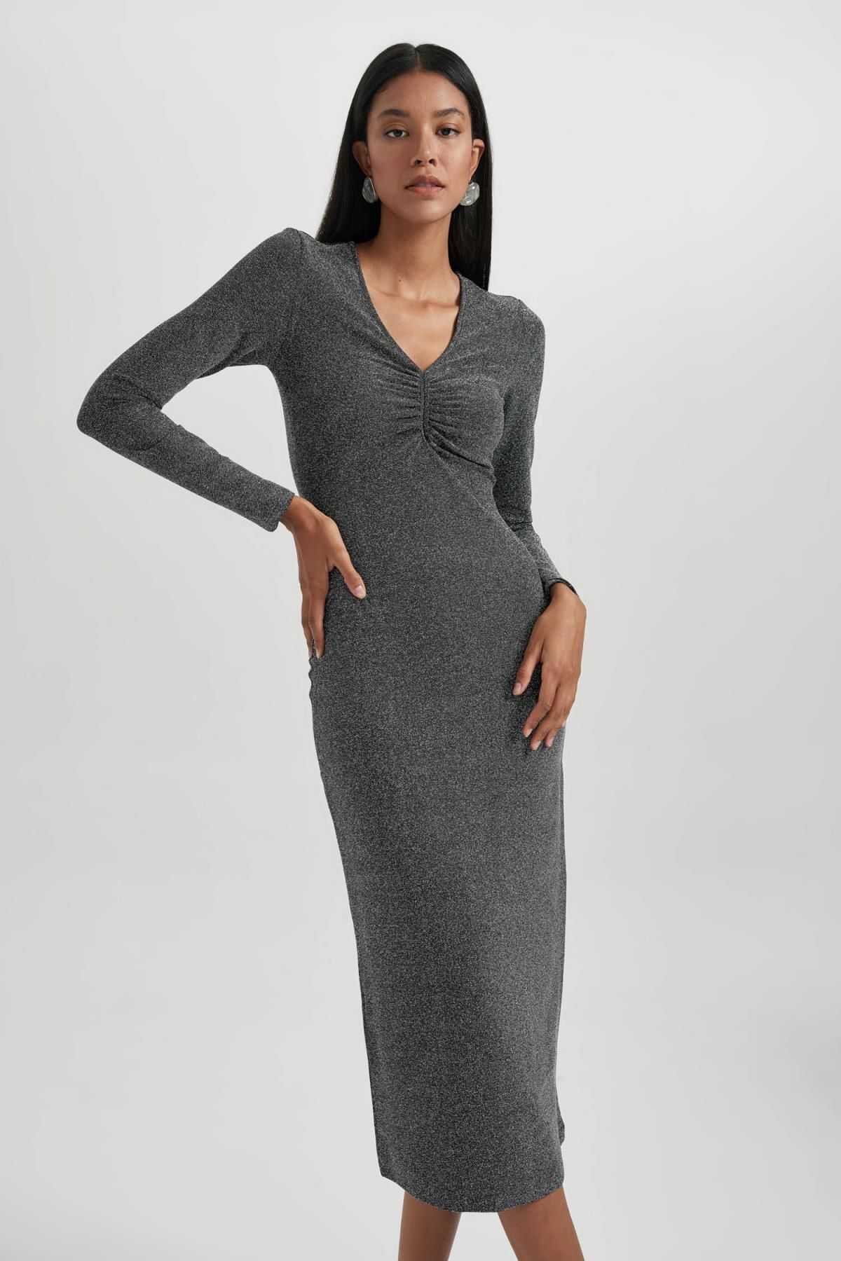 DEFACTO Bodycon Basic Plain Bodycon V Neck Sequined Fabric Midi Long Sleeve Dress