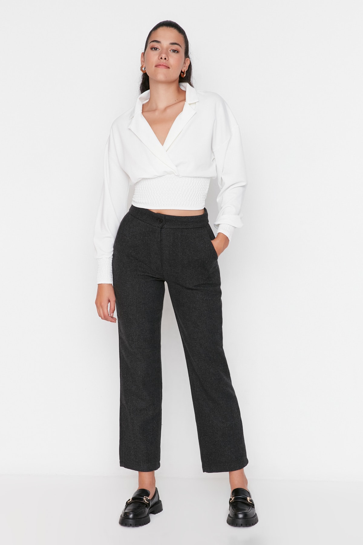 Trendyol Anthracite Weave Rib Detail Trousers
