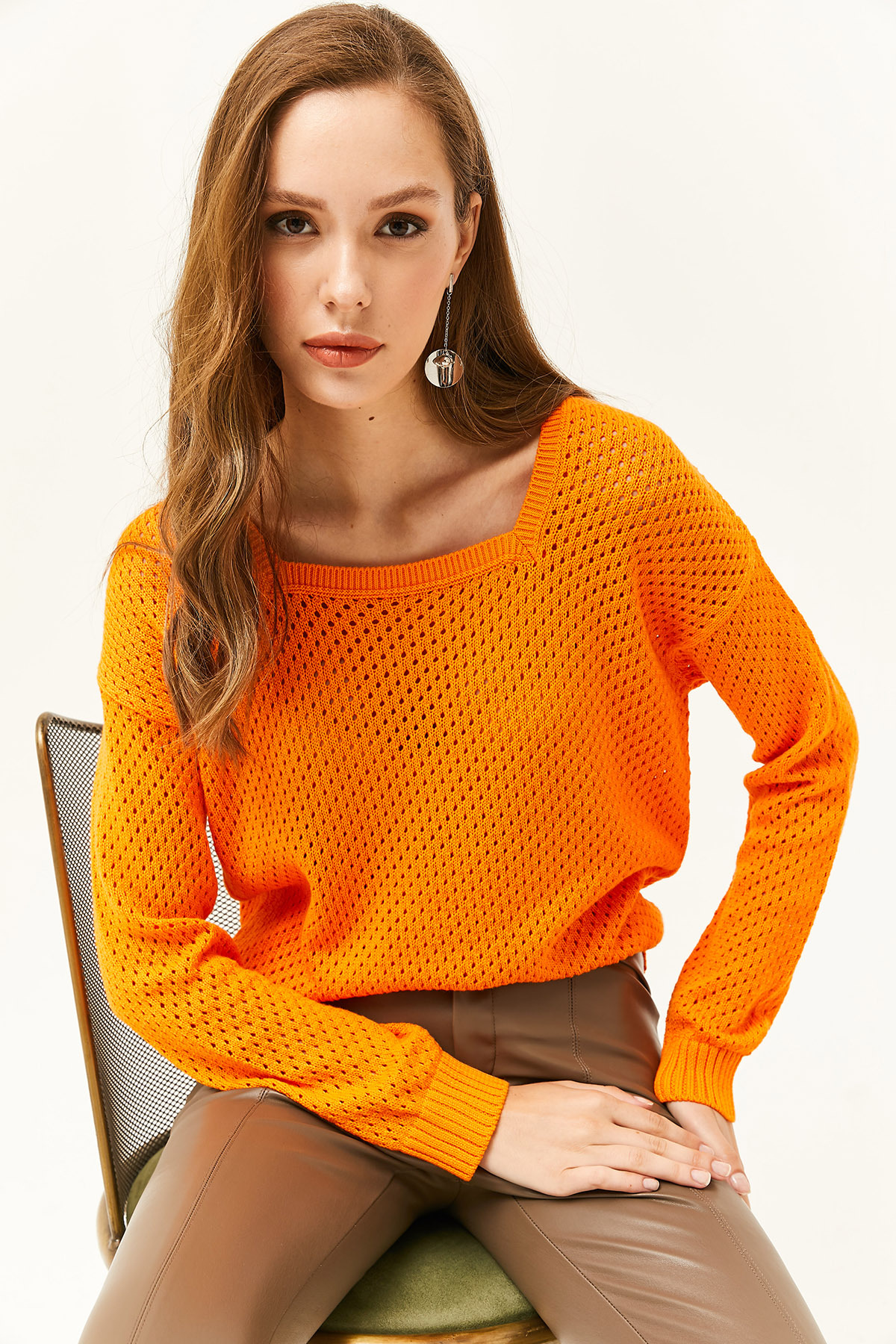 Olalook Women's Orange Square Neck Openwork Knitwear Sweater