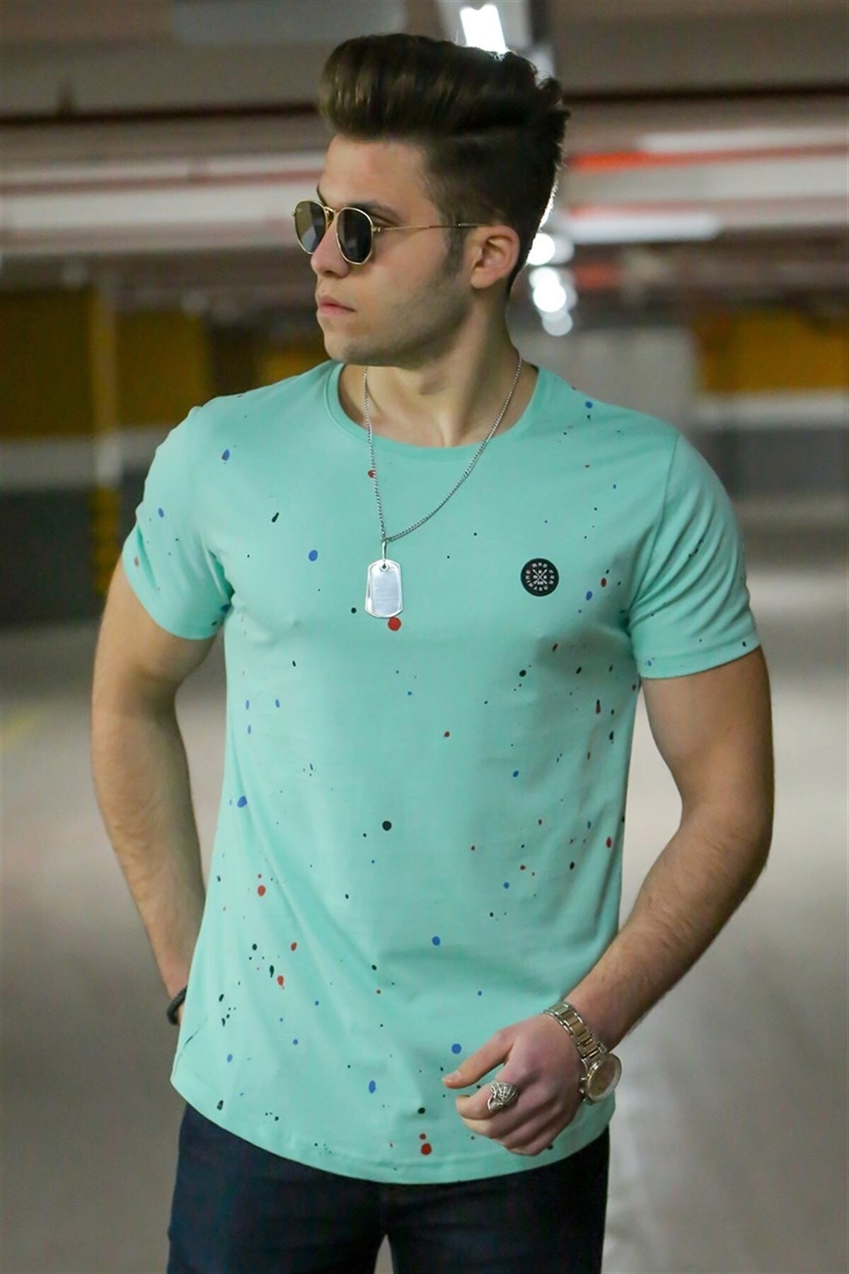 Levně Madmext Spray Pattern Men's Turquoise T-Shirt 4505