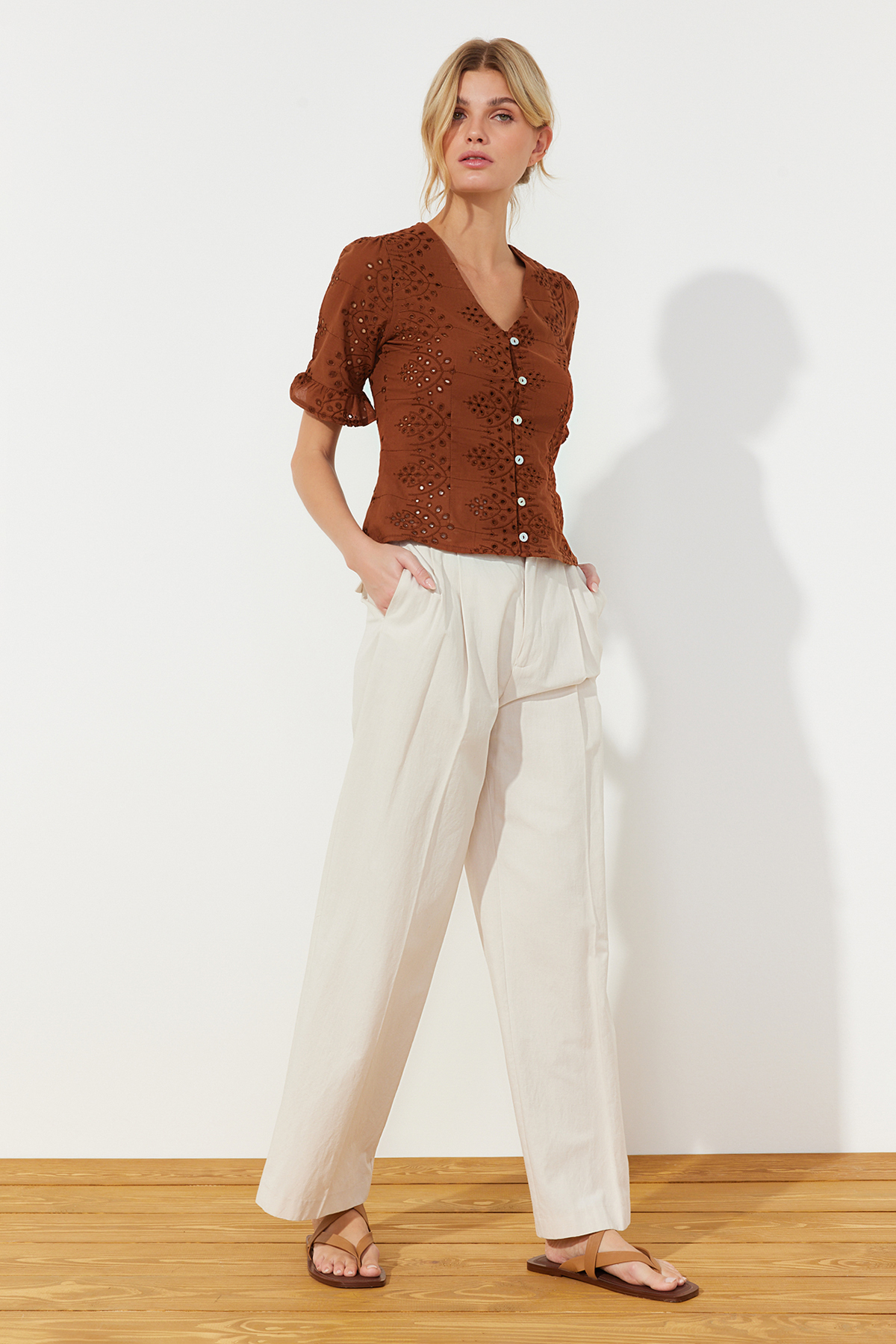 Trendyol Brown Embroidered Buttoned Woven Blouse