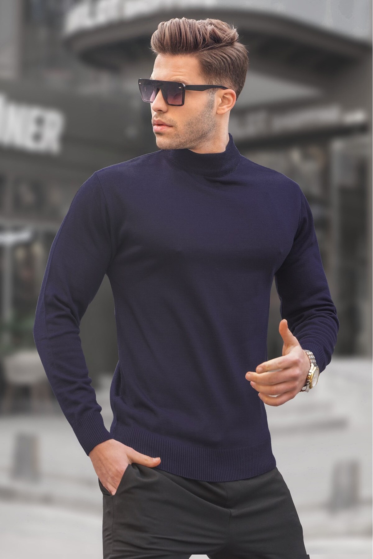 Levně Madmext Navy Blue Slim Fit Half Turtleneck Men's Knitwear Sweater 6343
