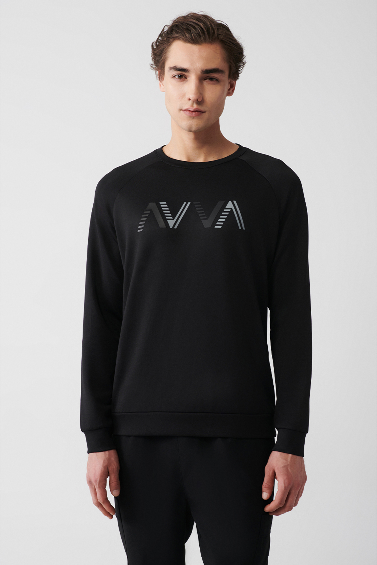 Levně Avva Men's Black Soft Touch Crew Neck Printed Regular Fit Sweatshirt
