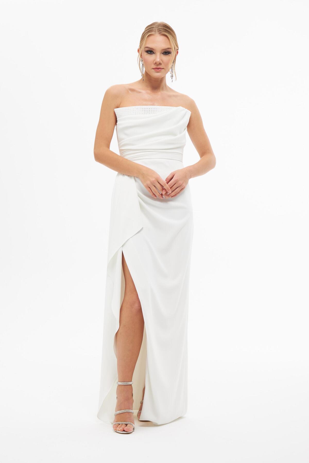 Carmen Ecru Crepe Stone Printed Slit Long Wedding Dress