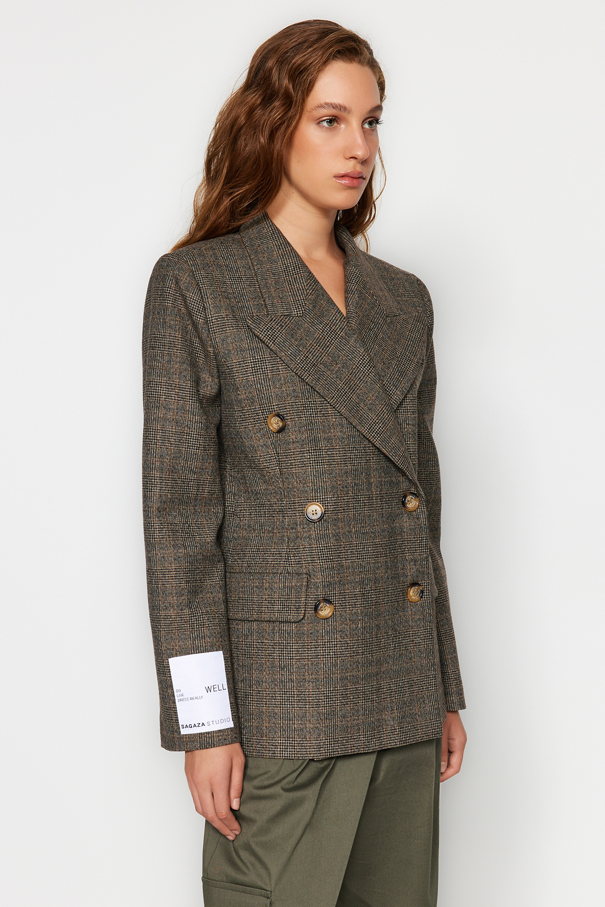 Trendyol X Sagaza Studio Multi Color Plaid Double Breasted Polyviscon Jacket