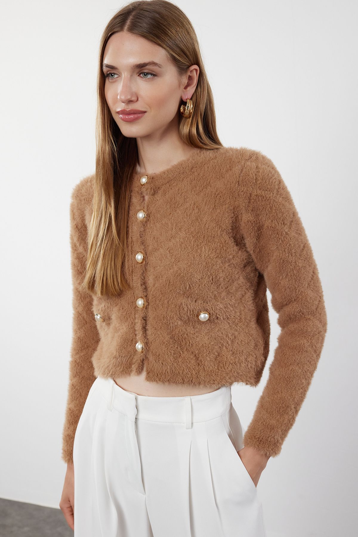 Trendyol Mink Shaggy Knitwear Cardigan