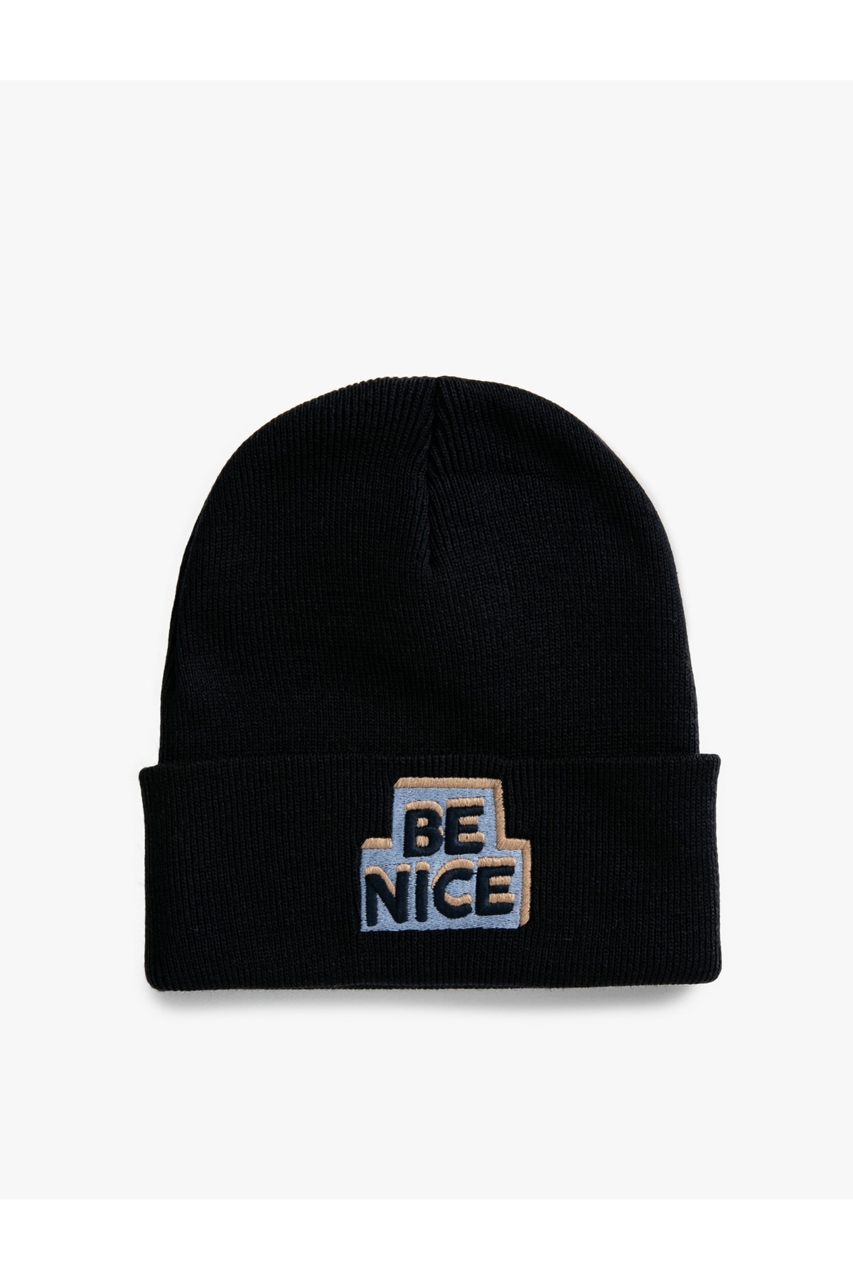 Koton Basic Knit Beanie Hat with Slogan Embroidered Fold Detail.