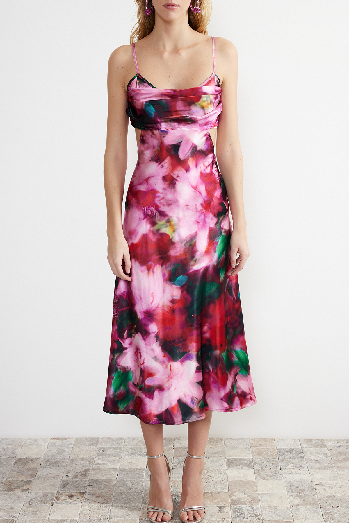 Trendyol Pink-Multi-Colored Floral Patterned Woven Satin Elegant Evening Dress