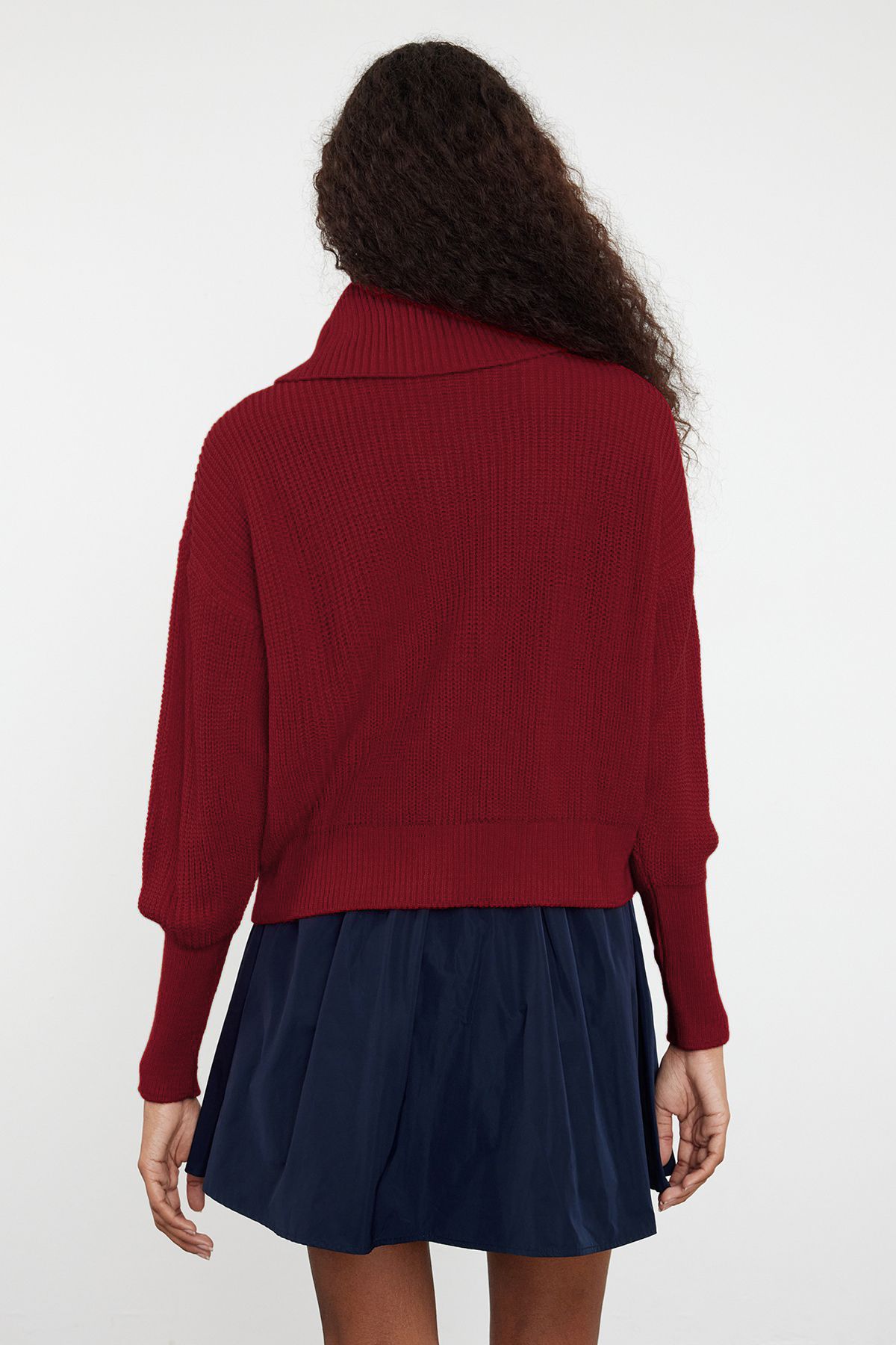 Trendyol Claret Red Wide Pattern Turndown Collar Zippered Knitwear Cardigan