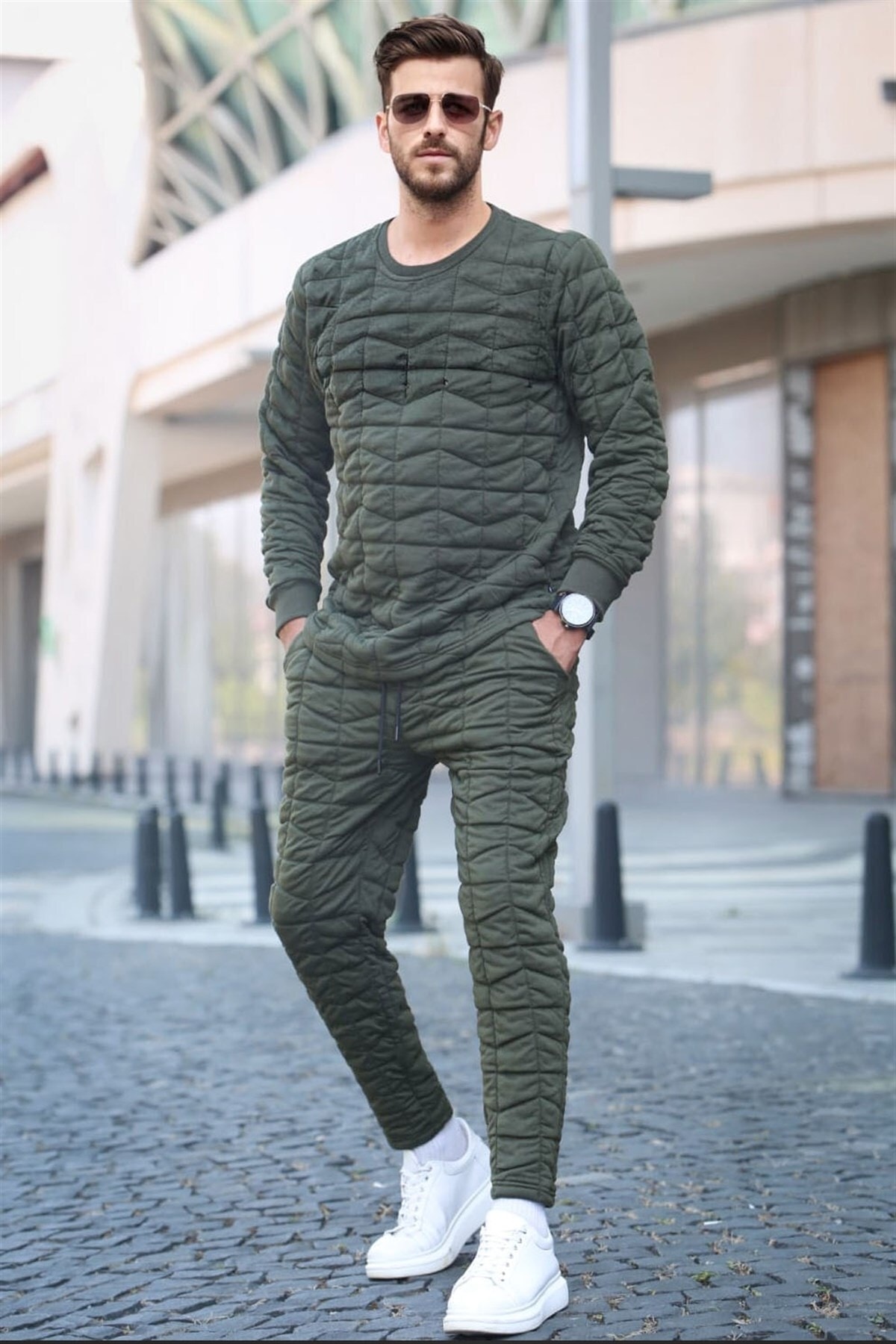 Madmext Khaki Quilted Patterned Tracksuit Set 5907
