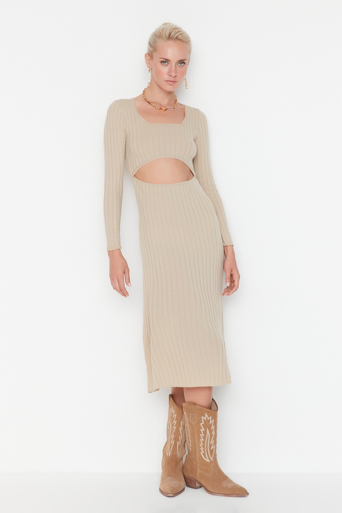 Trendyol Beige Cut Out Detailed Knitwear Dress