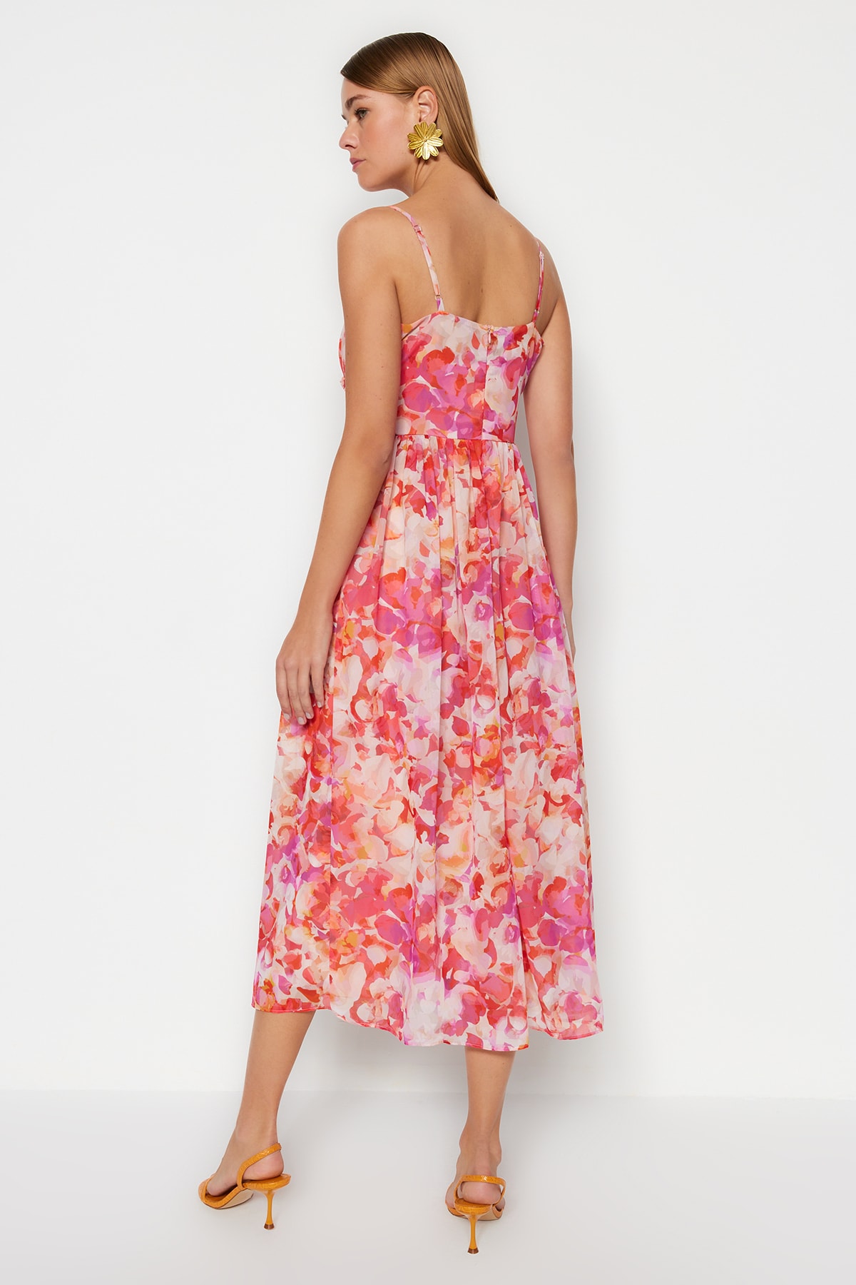 Trendyol Multi Color Floral Print A-Cut Ruffle Detail Lined Chiffon Maxi Woven Dress