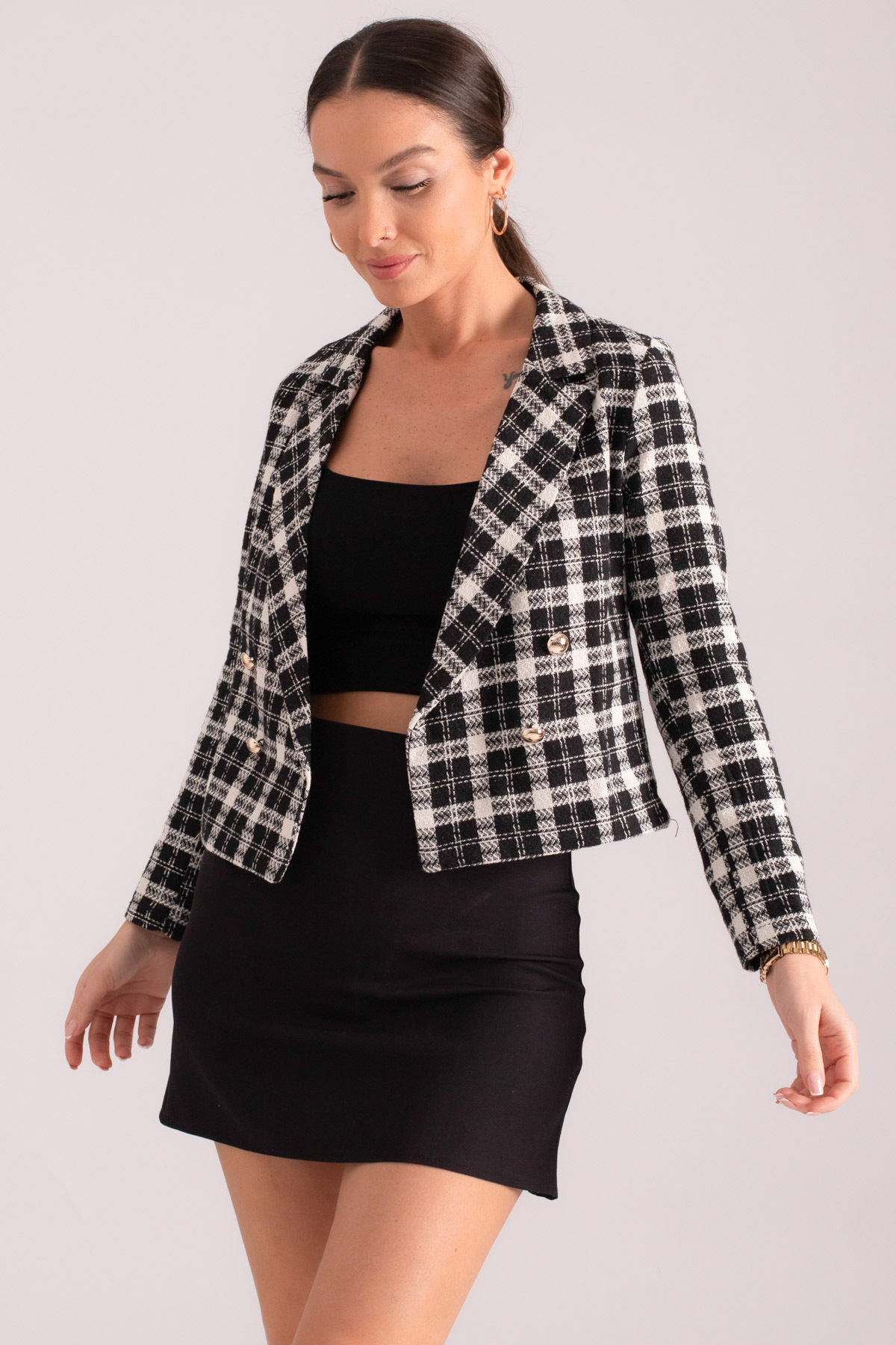 Levně armonika Women's Black and White Double Breasted Collar Tweed Crop Jacket