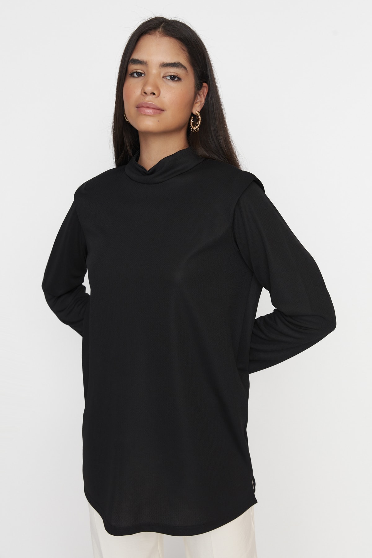 Trendyol Black Shoulder Detailed Standing Collar Scuba Knitted Tunic
