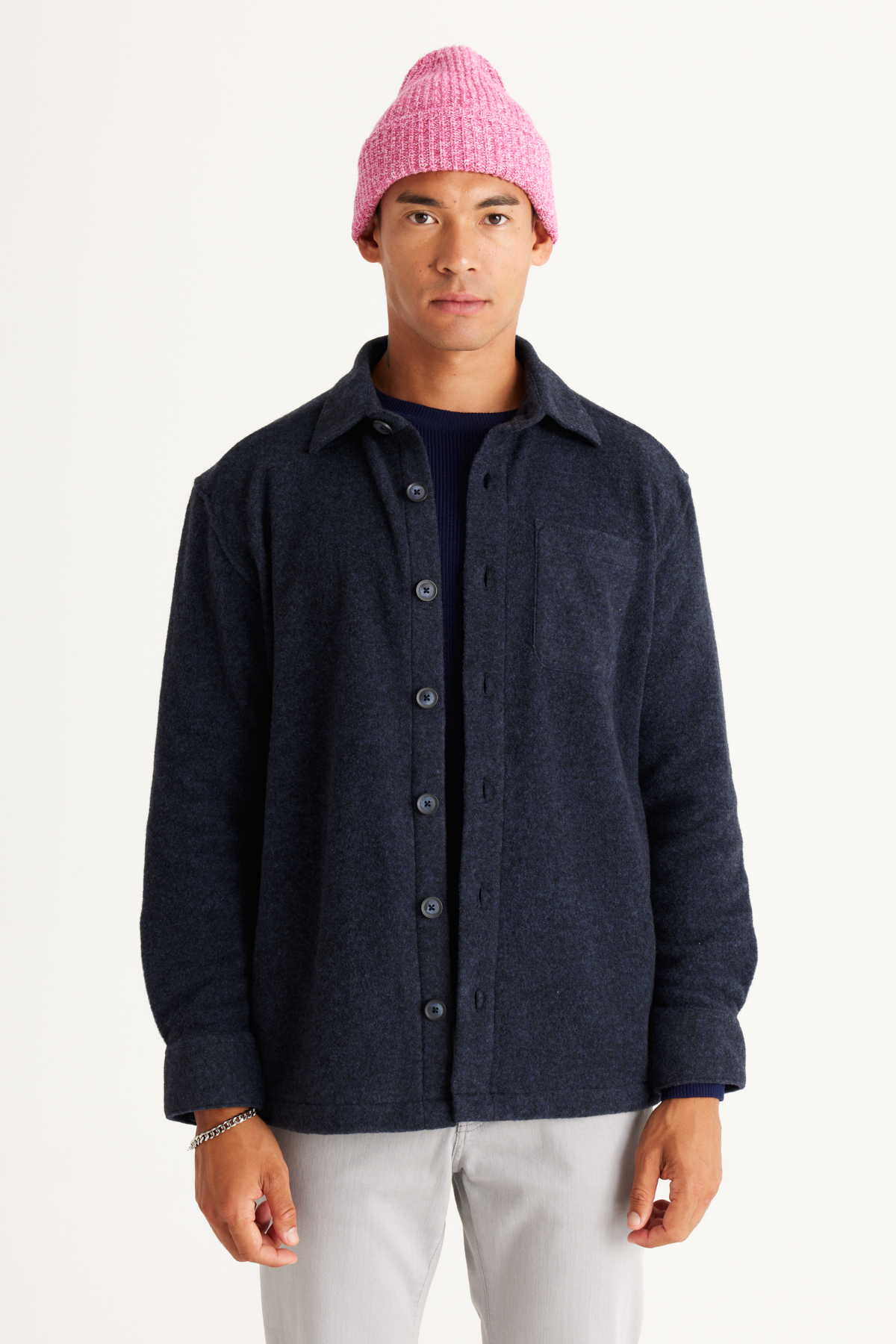 Levně ALTINYILDIZ CLASSICS Men's Navy Blue Oversize Wide Cut Classic Collar Woolen Patchwork Patterned Flannel Winter Shirt Jacket