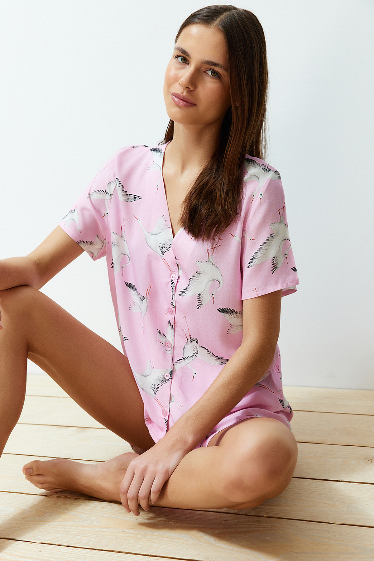 Trendyol Pink Stork Patterned Viscose Woven Pajamas Set