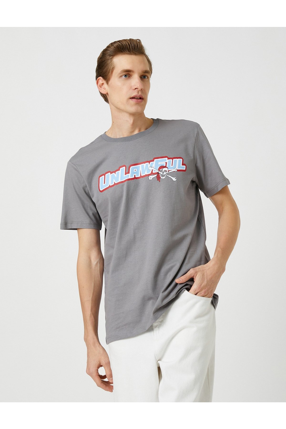 Levně Koton Slogan-Printed T-Shirt, Crew Neck Skull Detail, Slim Fit.