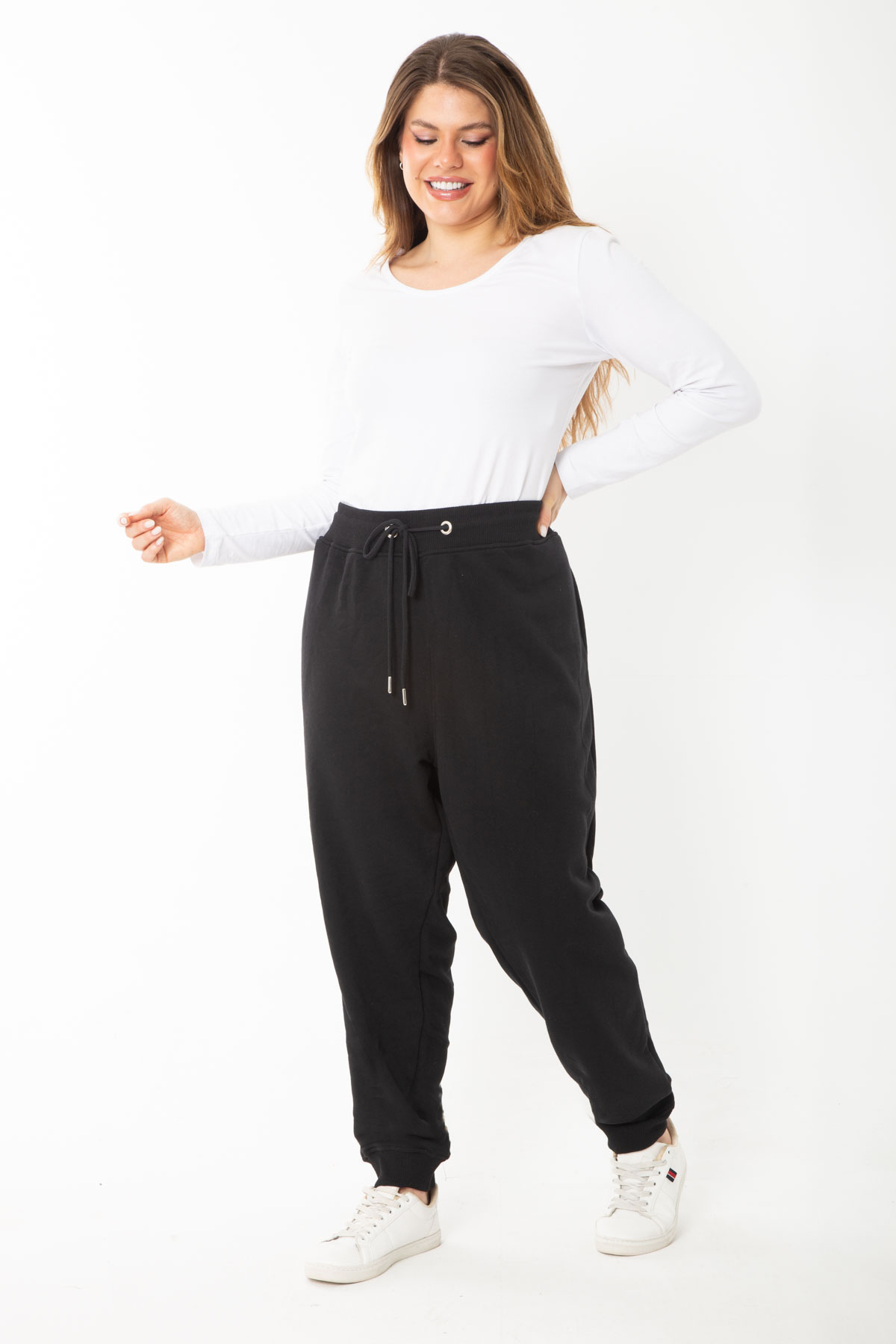 Şans Women's Plus Size Black Eyelet Laced Waist And Ribbed Cuff Tracksuit Trousers