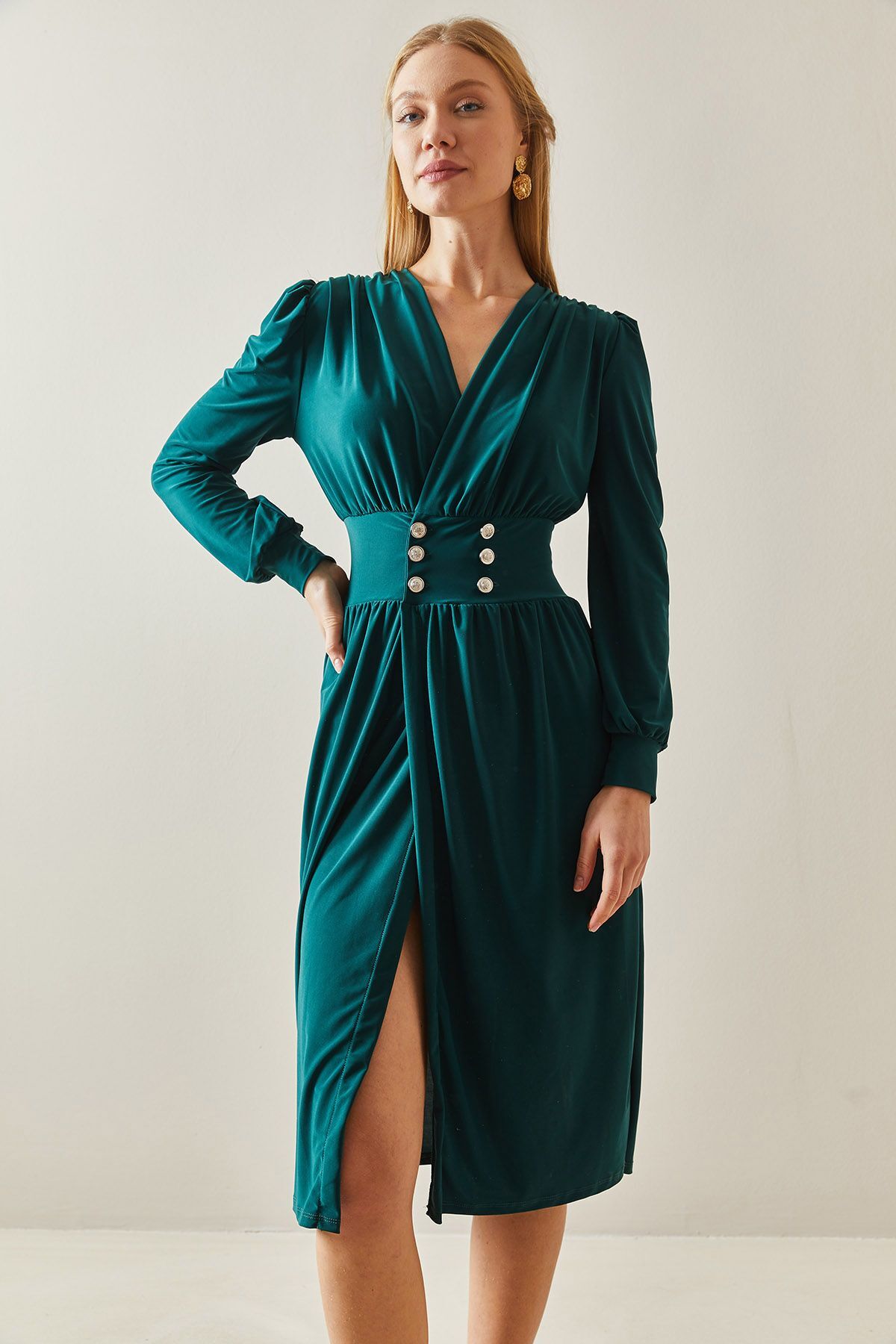 XHAN Emerald Green Double Breasted Neck Slit and Buttoned Midi Dress