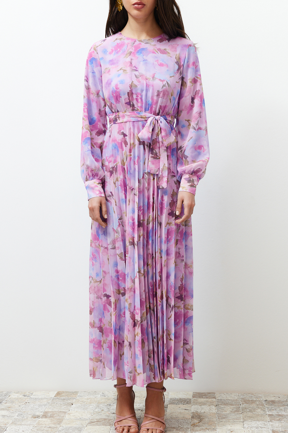 Trendyol Pink Floral Sash Detailed Lined Pleated Chiffon Woven Dress