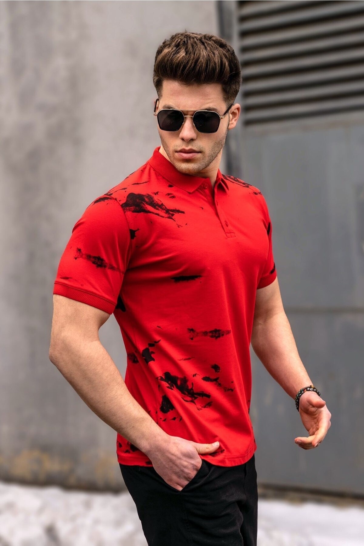 Levně Madmext Polo Neck Patterned Red Men's T-Shirt