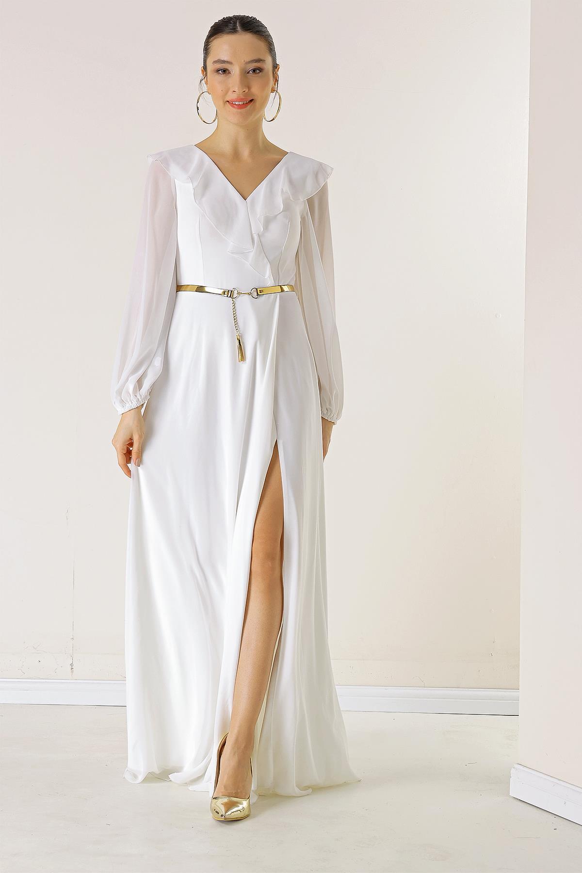 By Saygı Belted Chiffon Long Dress with Flounce Front Balloon Sleeves