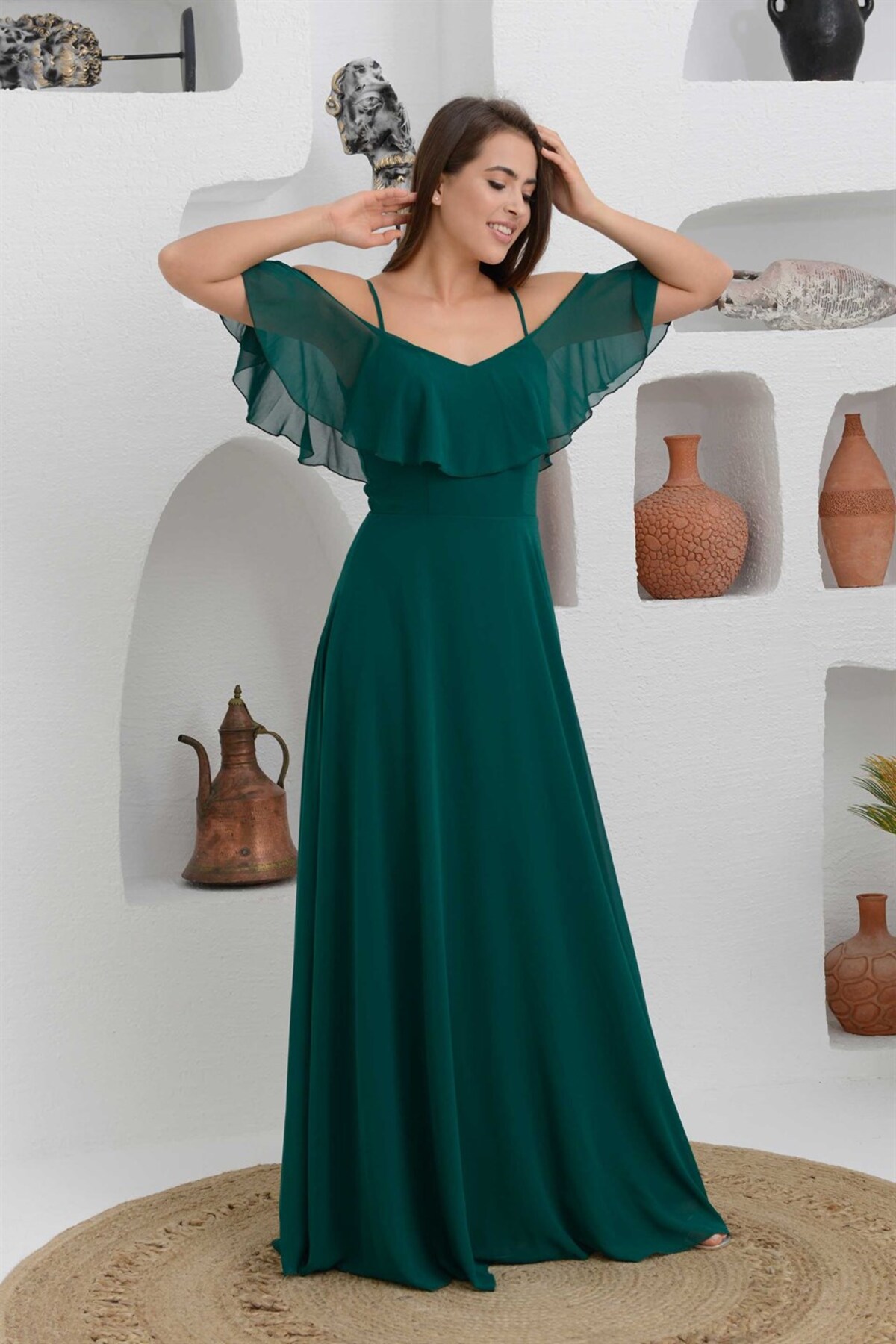 Levně Carmen Emerald Low Sleeves Long Evening Dress with Straps