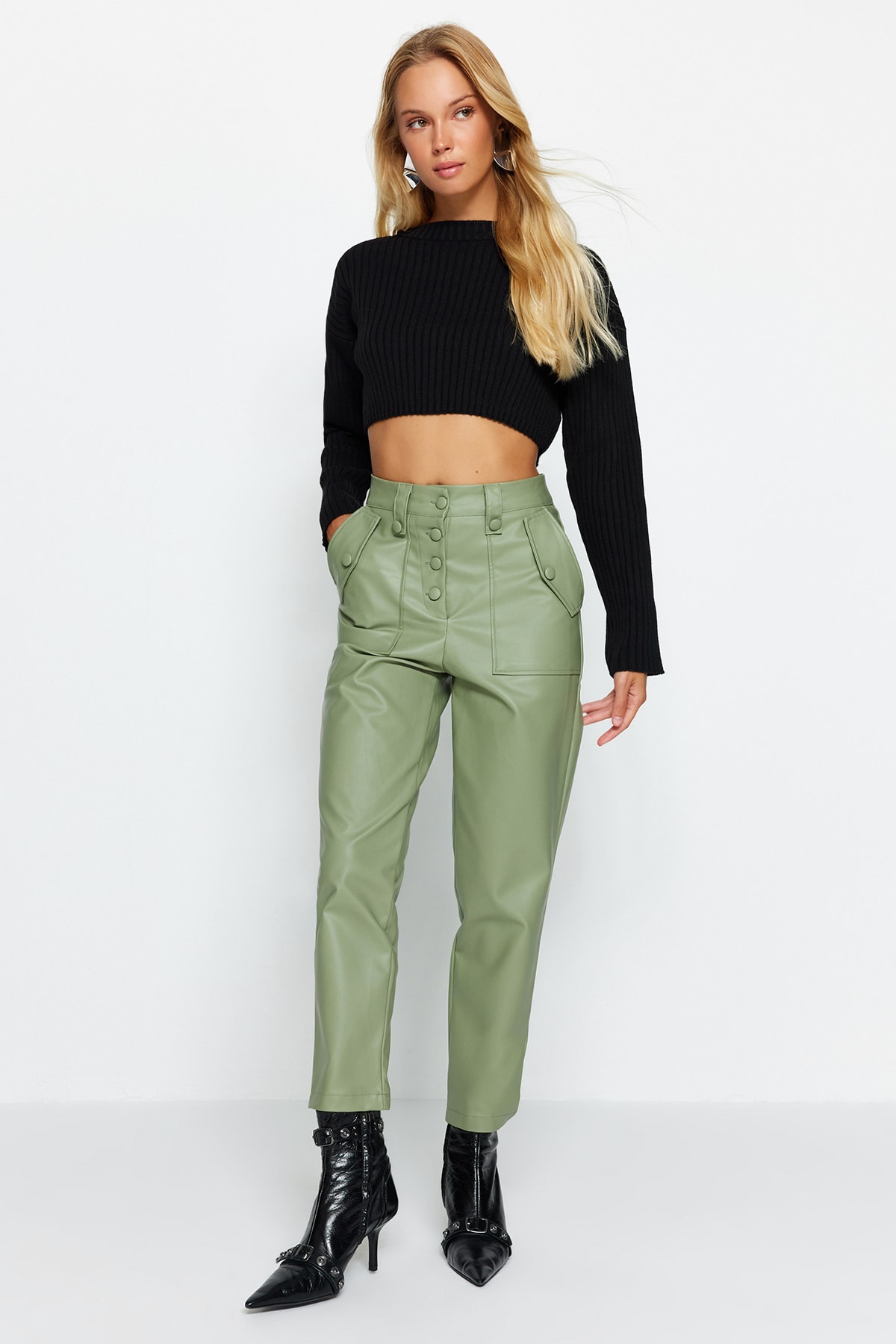 Trendyol каки морков тъкани отпред закопчана изкуствена кожа панталони