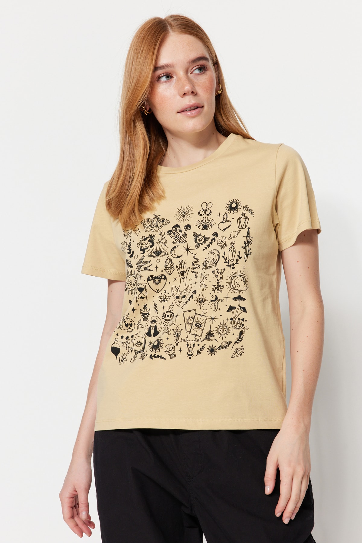 Trendyol Beige 100% Cotton Printed Basic Crew Neck Knitted T-Shirt