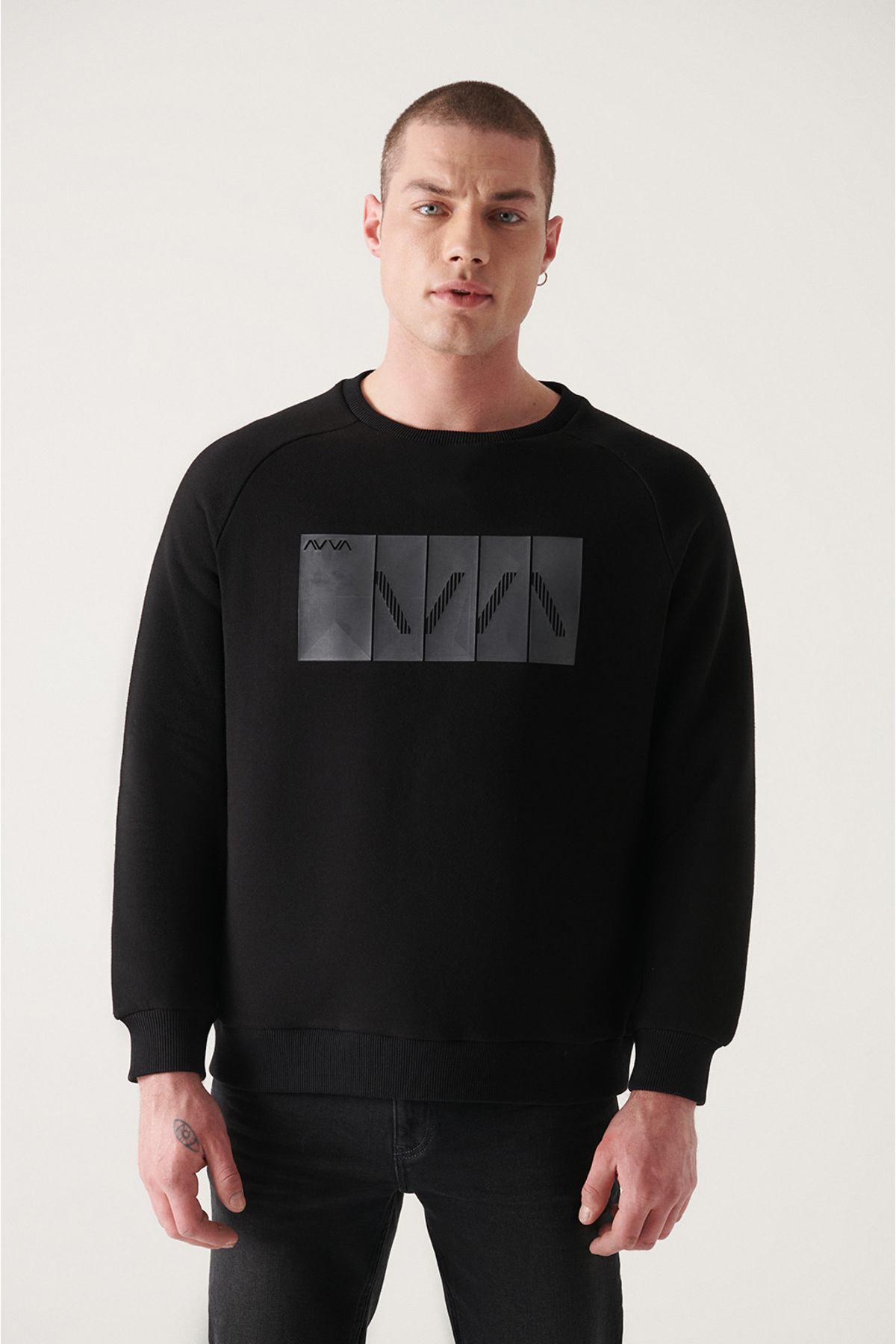 Avva Men's Black Crew Neck 3 Thread Fleece Printed Standartfit Regular Fit Sweatshirt