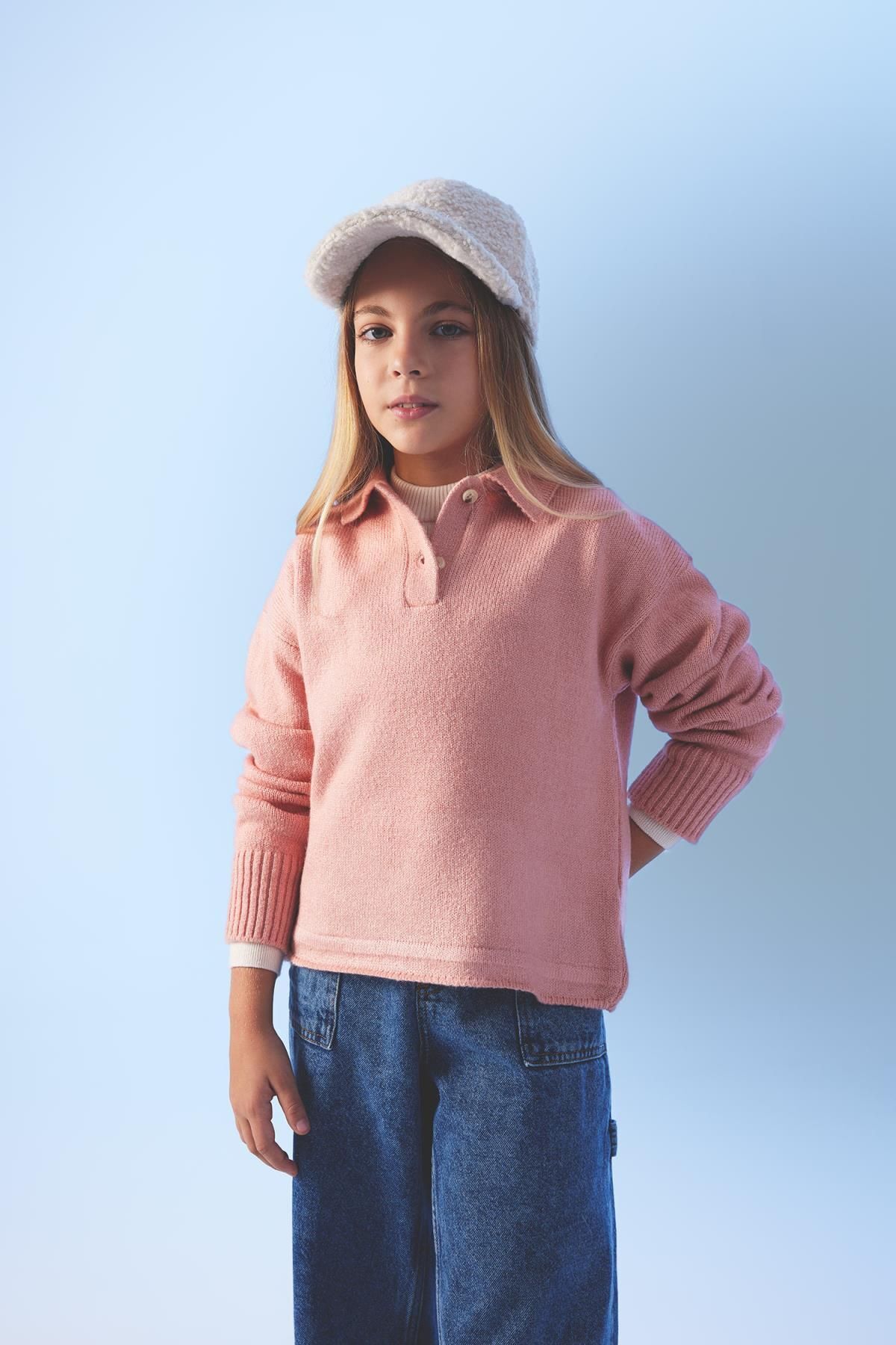 DEFACTO Girl's Polo Collar Buttoned Sweater