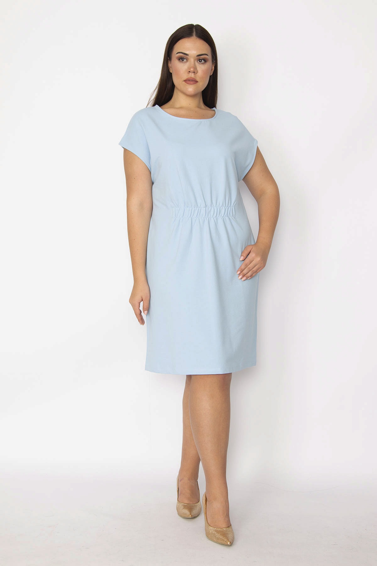 Levně Şans Women's Plus Size Blue Front Waist Elastic Detailed Low-Sleeve Dress
