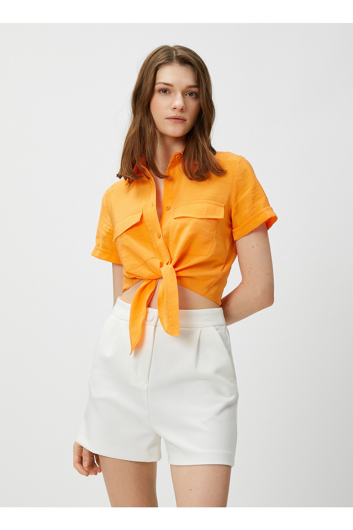 Levně Koton Shirt Collar Plain Orange Women's Shirt 3sak60001ew