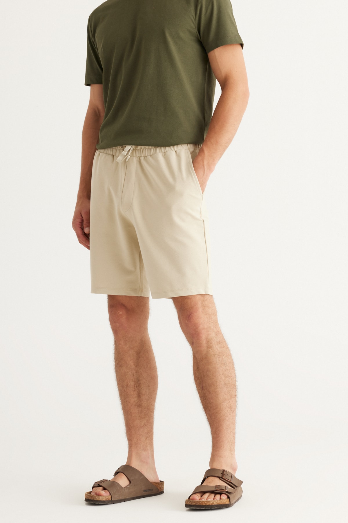 Levně ALTINYILDIZ CLASSICS Men's Beige Standard Fit Regular Cut Cotton Shorts with Pocket.