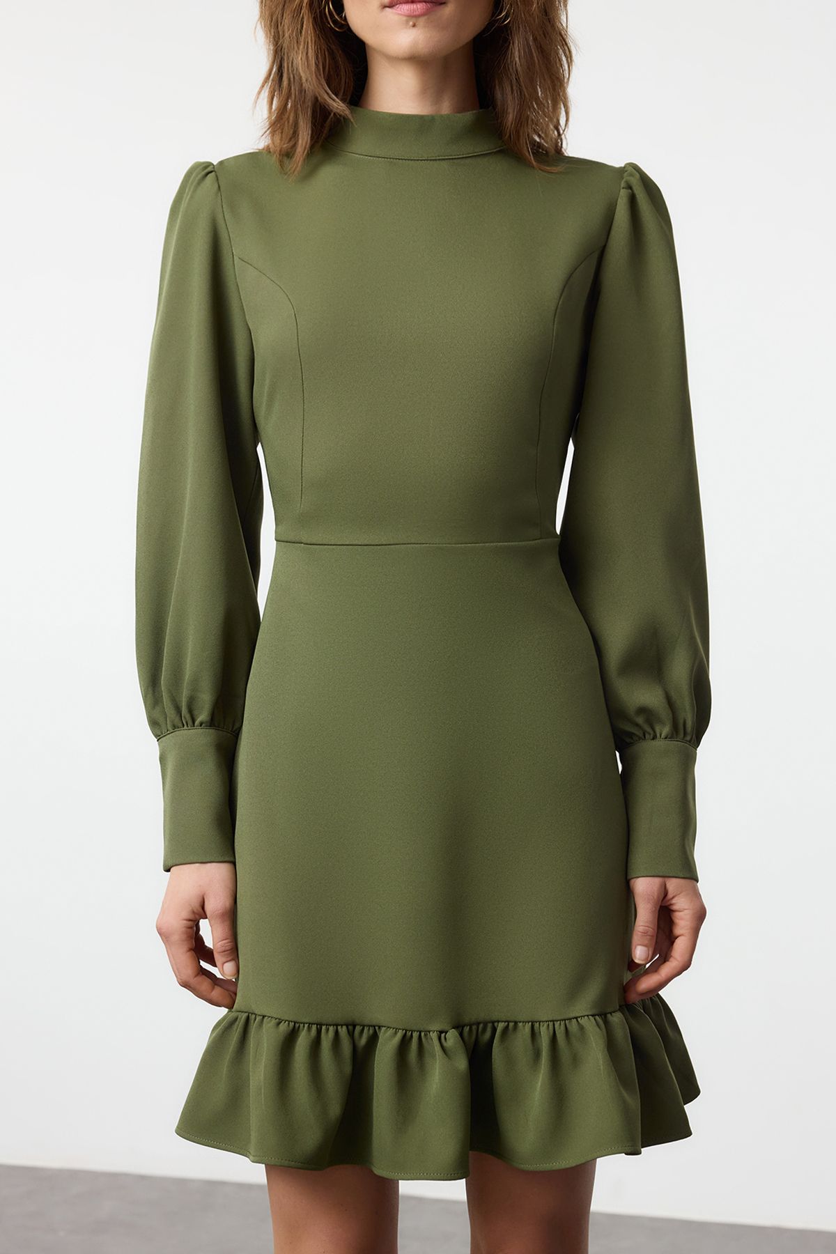 Trendyol Khaki A-Line Stand Collar Mini Woven Dress with Pleated Skirt