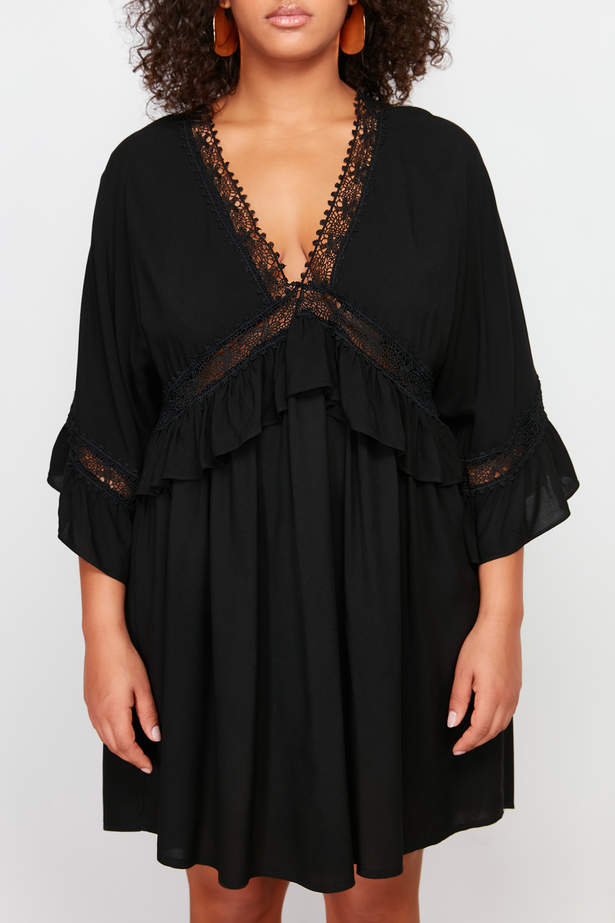 Trendyol Curve Black Sleeve Ruffle Lace Strip Detail Mini Plus Size Beach Dress
